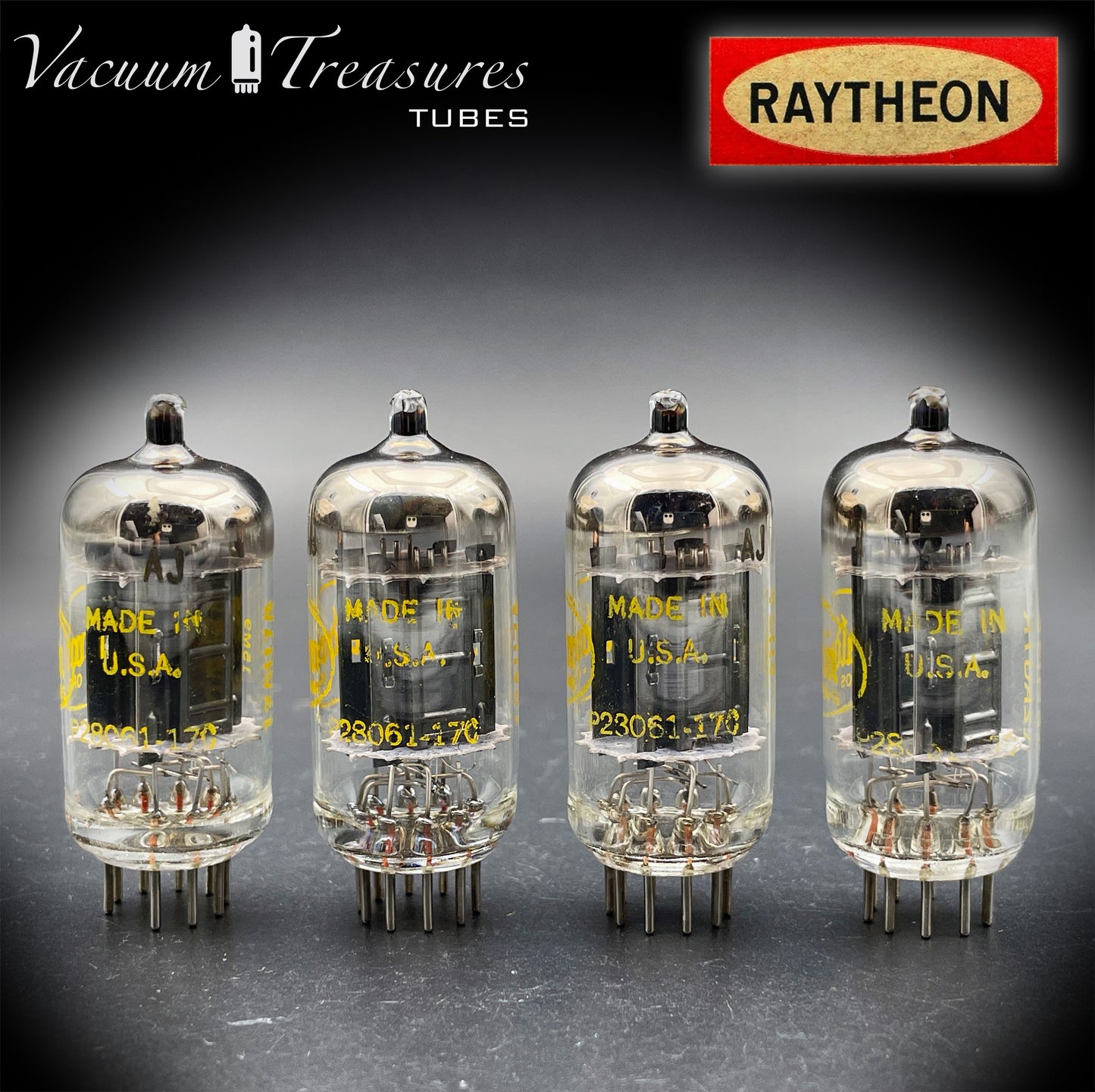 12AU7A / ECC82 NOS Baldwin by RAYTHEON Matched Quad Tubes Long Black Plates Halo Getter Made in USA '61