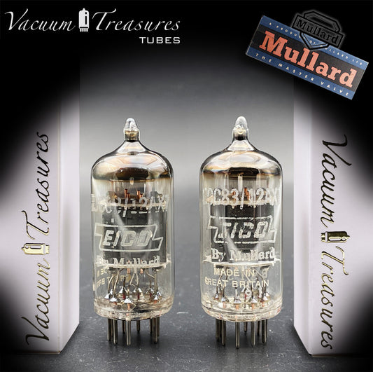 12AX7 / ECC83 EICO by MULLARD Blackurn Matched Pair Short Gray Plates Halo Getter Made in GT. BRITAIN '62