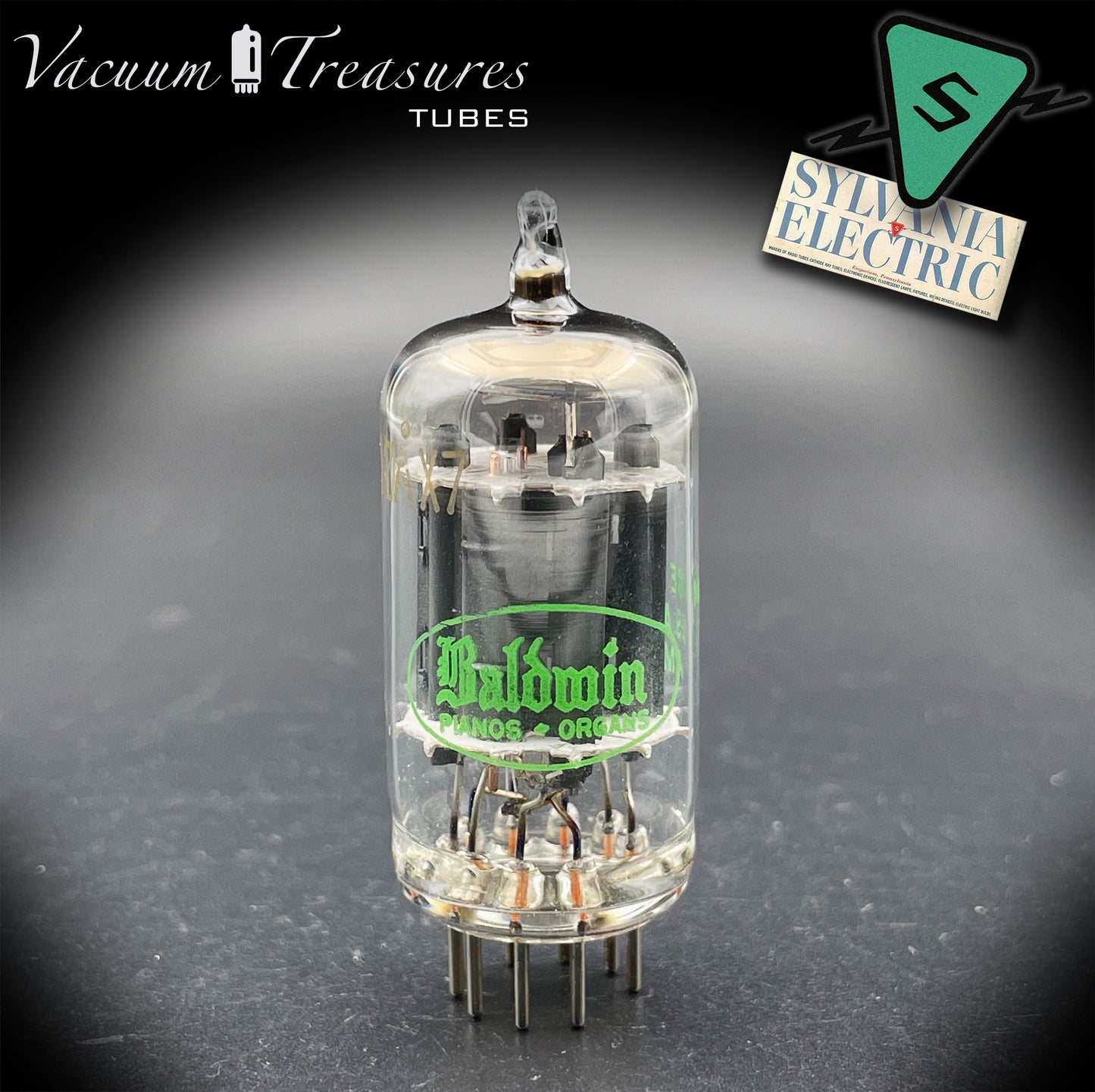 12AX7 / ECC83 NOS Baldwin by SYLVANIA Long Gray Plates Halo Getter Tested Tube Made in USA '61