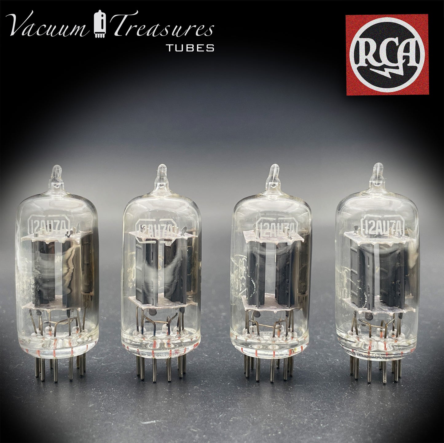 12AU7 / ECC82 Baldwin by RCA AMPLITREX Matched Quad Clear Top Long Gray Plates Side D Getter Tubes