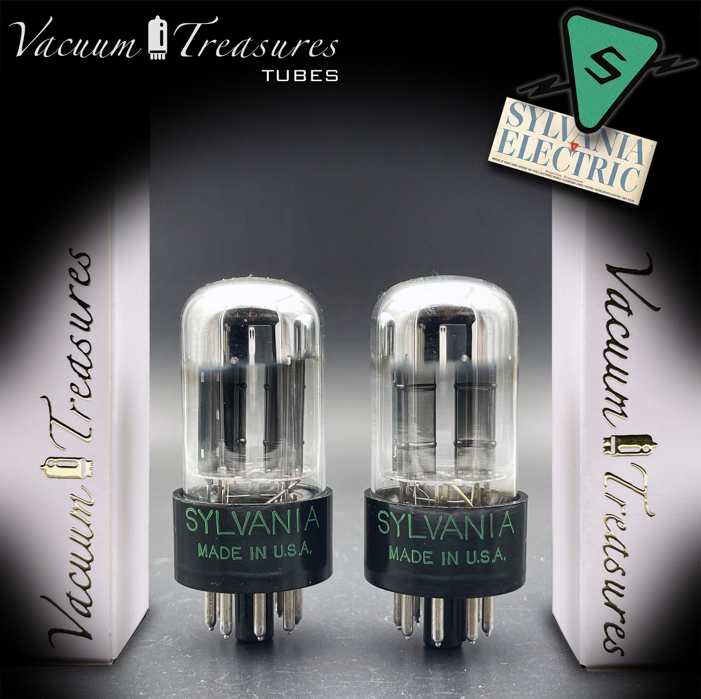 6SN7GTB NOS SYLVANIA CHROME TOP Green Dot Matched Pair Black Plates Tubes USA '50s