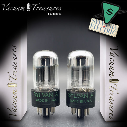 6SN7GTB NOS SYLVANIA CHROME TOP Green Dot Matched Pair Black Plates Tubes USA '50s