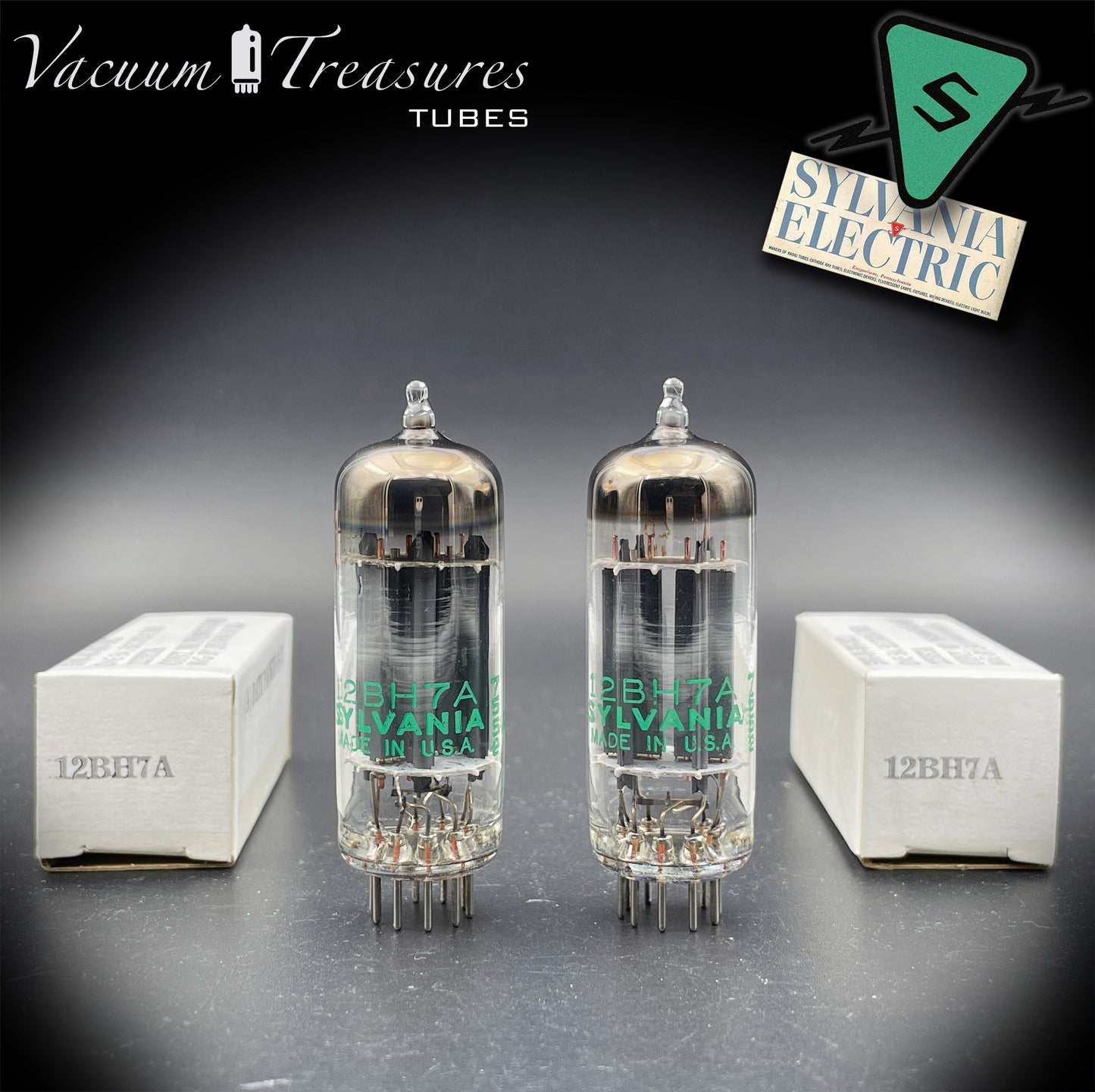 12BH7A NOS NIB Sylvania Gray Plates Halo Getter Matched Pair Tubes USA 1975