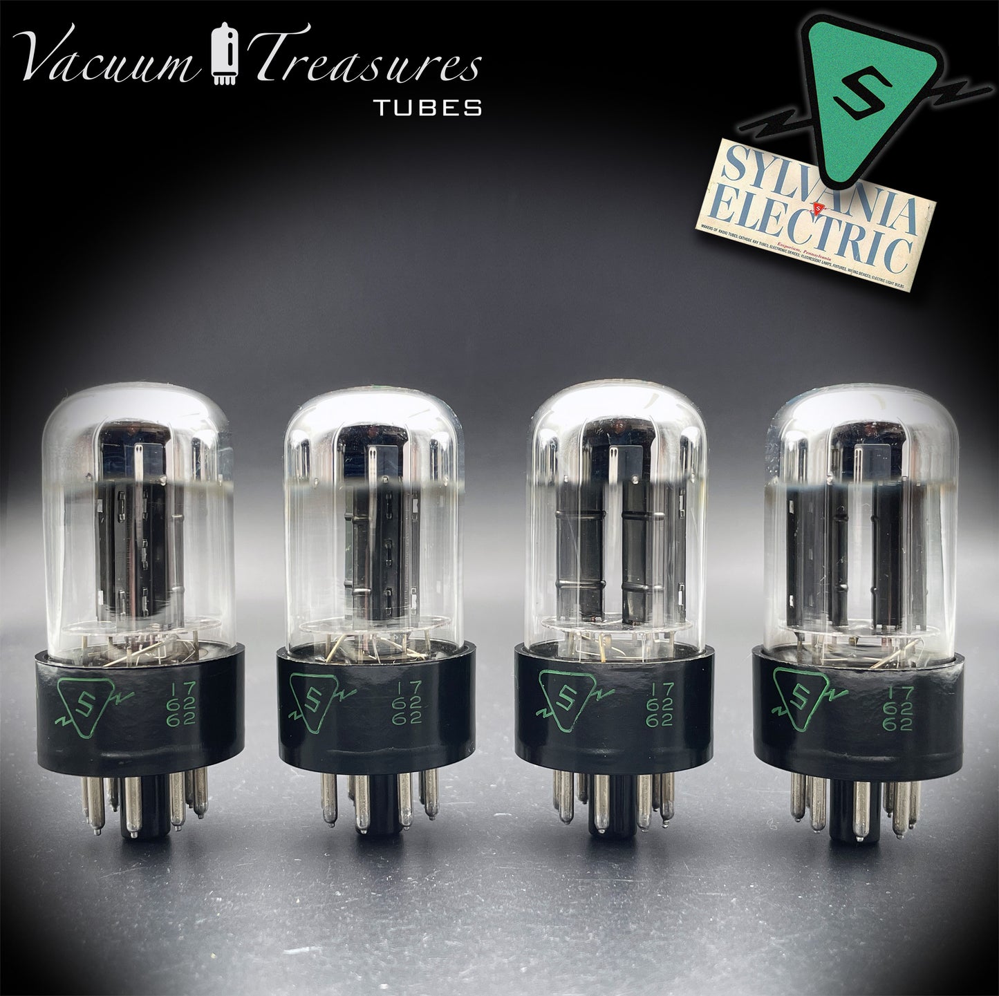 6SN7GTB NOS SYLVANIA CHROME TOP Green Dot Matched Quad Black Plates Tubes USA '50s