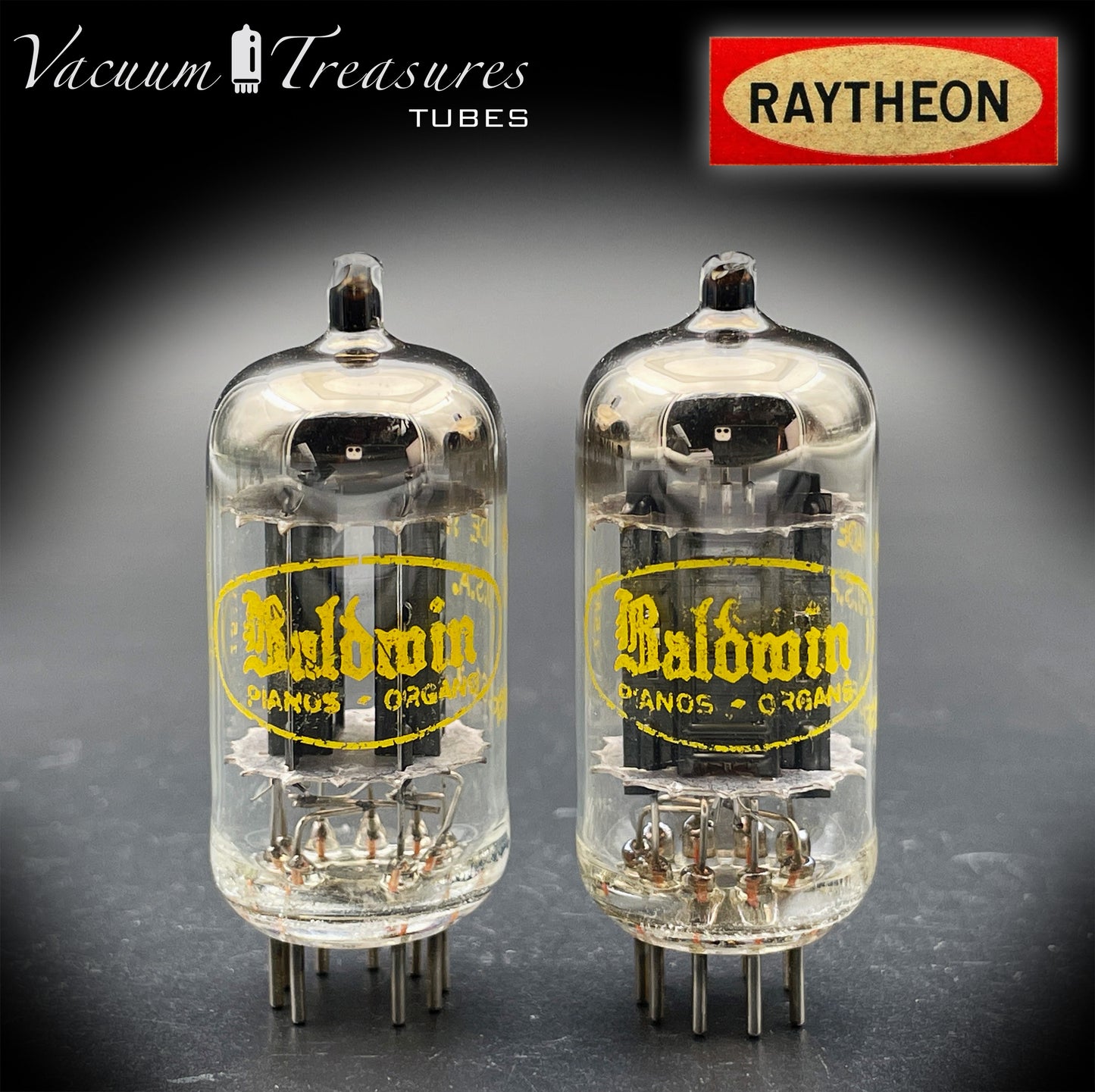 12AU7A / ECC82 NOS Baldwin by RAYTHEON Matched Pair Tubes Long Black Plates Halo Getter Made in USA '61