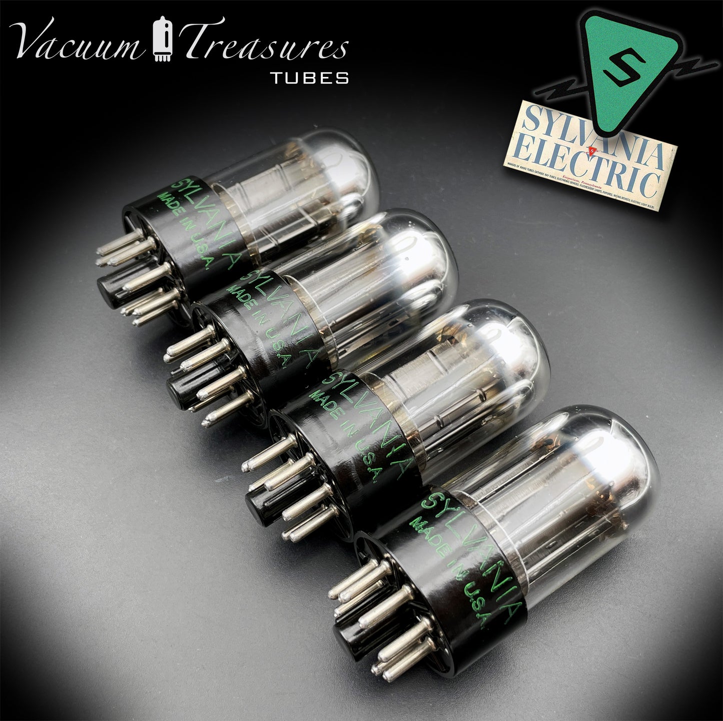 6SN7GTB NOS SYLVANIA CHROME TOP Matched Quad Black Plates Tubes USA 1955