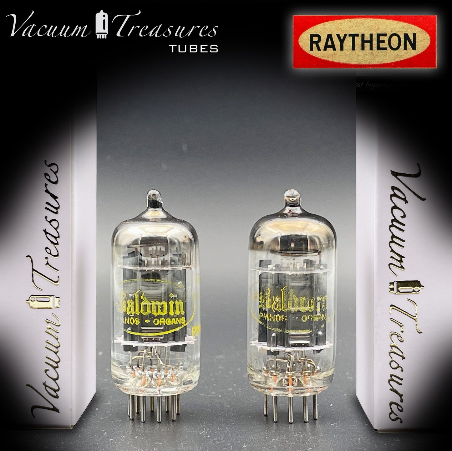 12AU7 ( ECC82 ) NOS RAYTHEON for Baldwin Long Black Plates Halo Getter Matched Tubes Made in USA '59