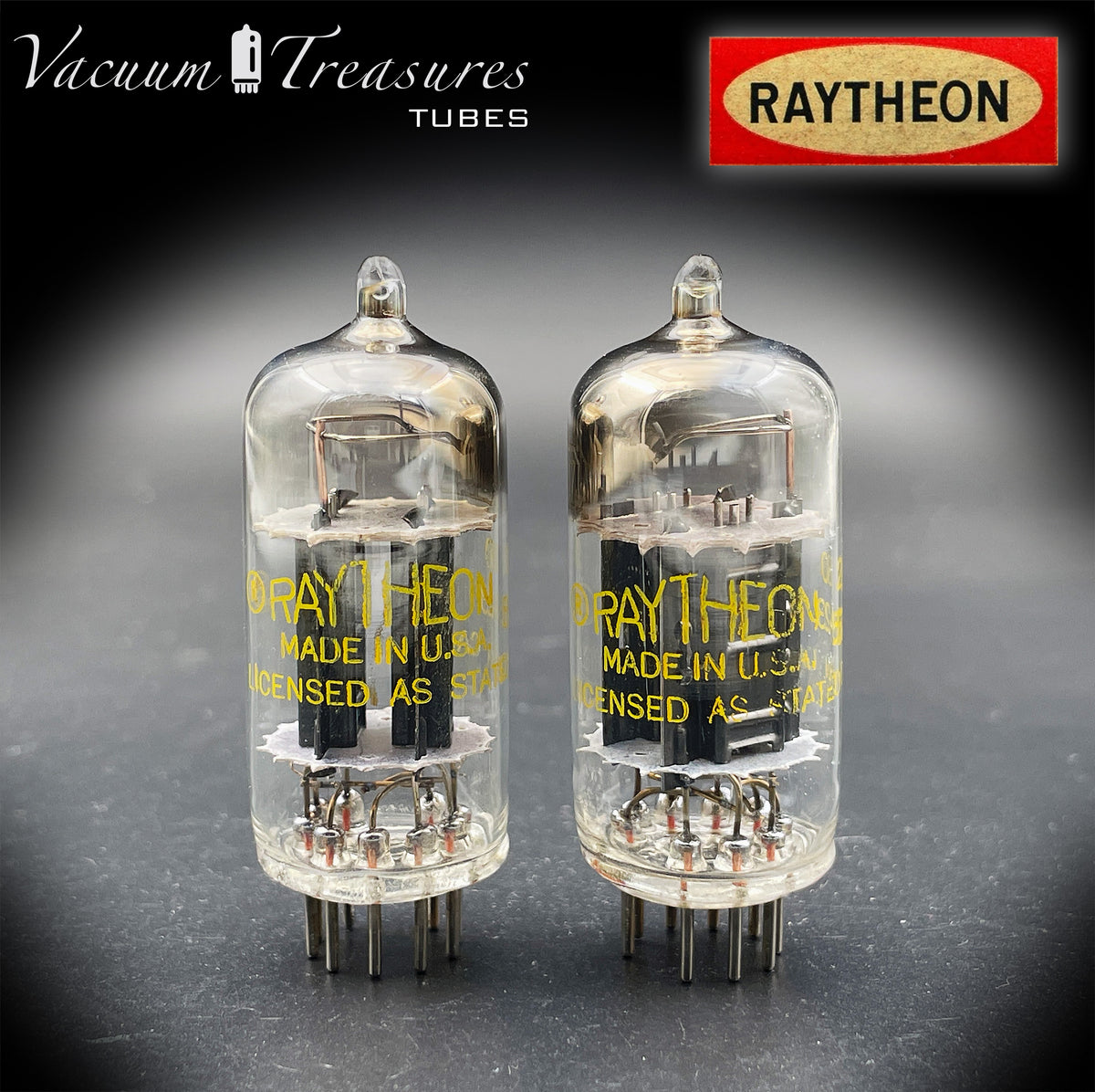 12AU7 / ECC82 RAYTHEON Matched Pair Long Black Plate Square Getter Tested Tubes USA '57