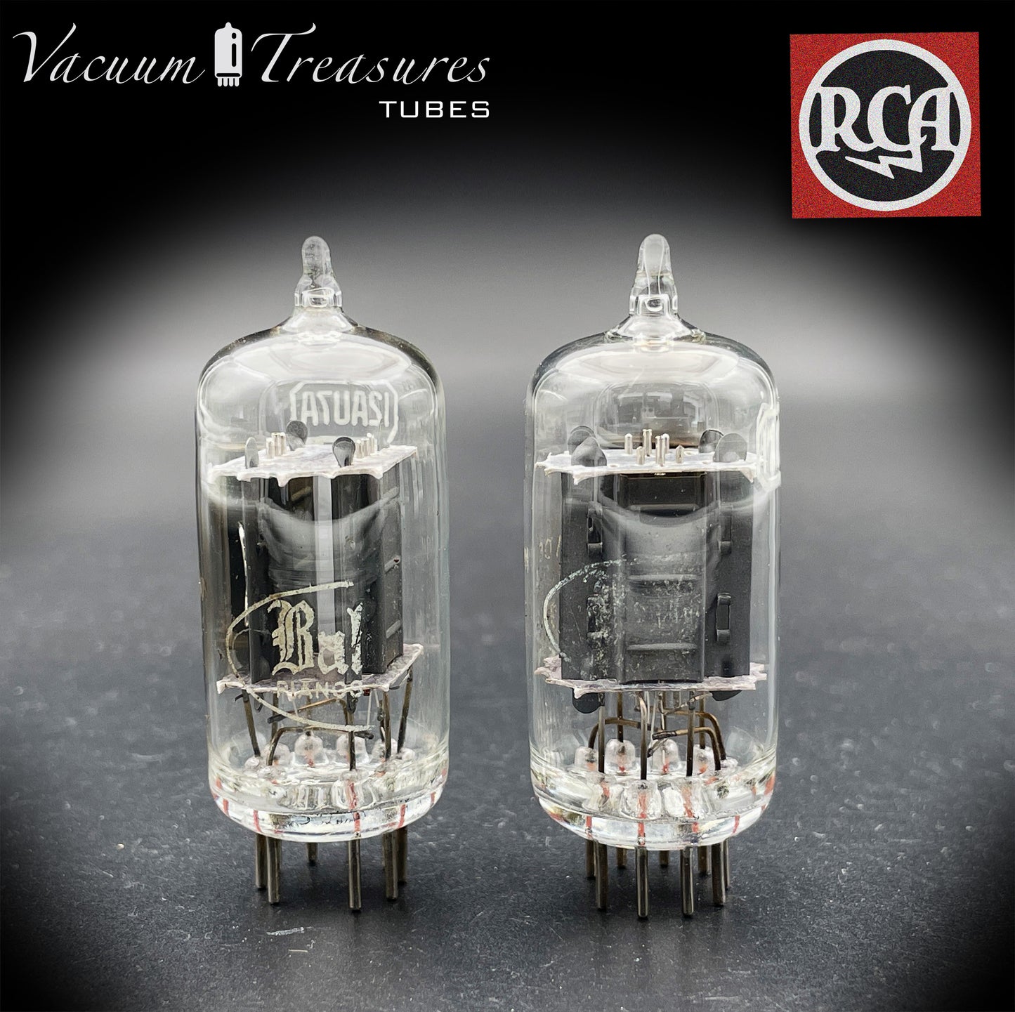 12AU7 / ECC82 Baldwin by RCA AMPLITREX Matched Pair Clear Top Long Gray Plates Side D Getter Tubes