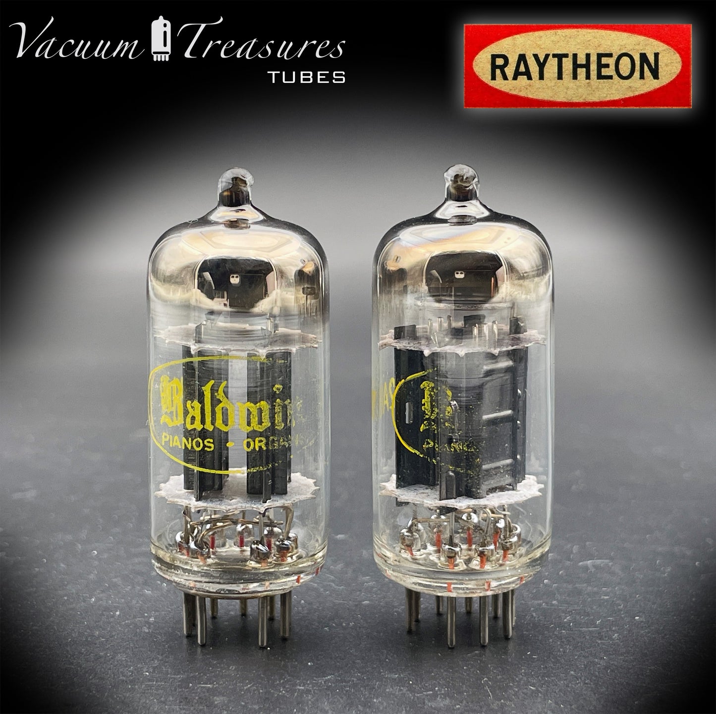 12AU7A / ECC82 Baldwin by RAYTHEON Matched Pair Tubes Long Black Plates Halo Getter Made in USA '60s