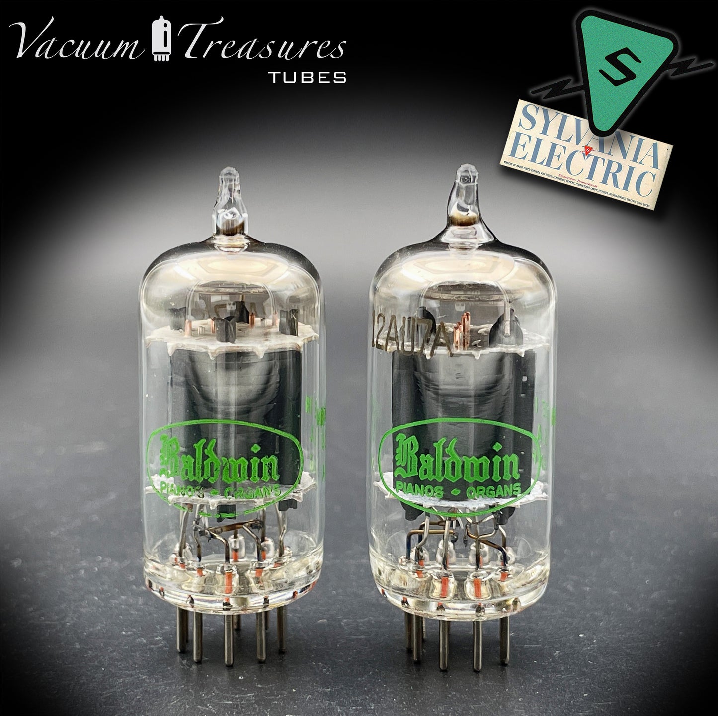 12AU7A / ECC82 NOS Baldwin by SYLVANIA Long Gray Plates Halo Getter Matched Pair Tubes Made in USA '60s