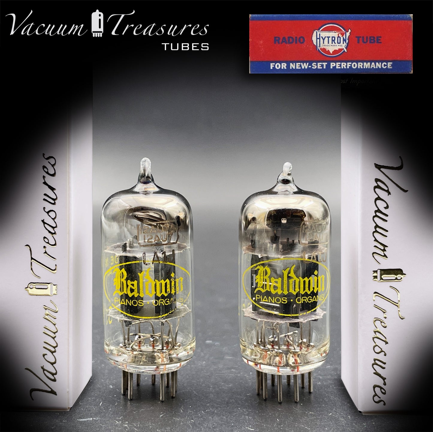 12AU7A ECC82 Baldwin / HYTRON Matched Pair Black Plates Halo Getter Tested Tubes USA