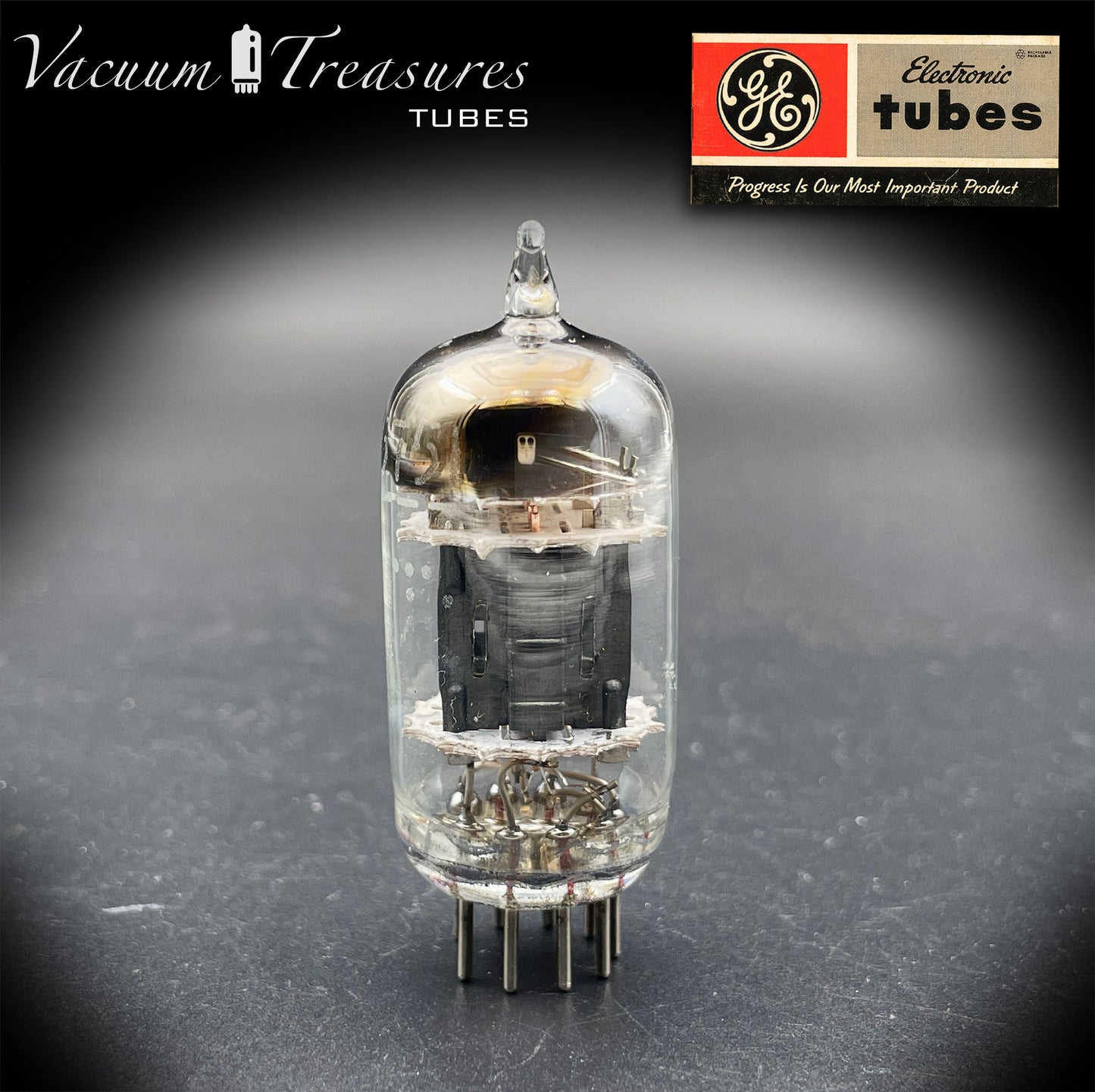 5751 GE NOS Triple Mica Black Plates Square Getter Amplitrex Tested Tube Made in USA '50s