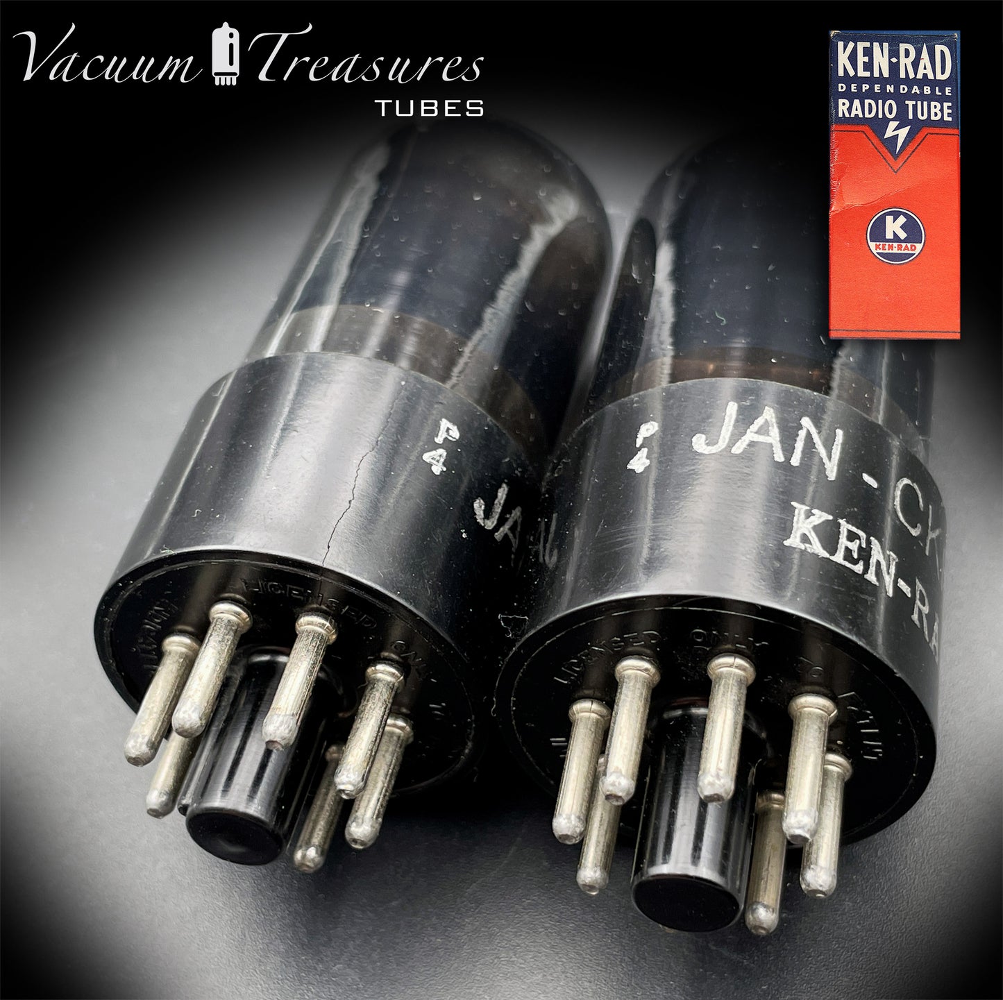 6SN7GT VT-231 KEN-RAD Black Plates Black Glass Foil Getter – Matched Pair – Made in USA anni ’40