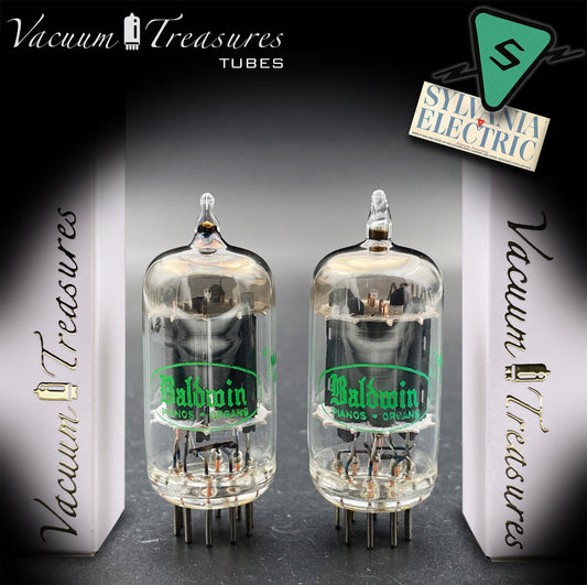 12AU7A / ECC82 NOS Baldwin by Sylvania Matched Pair Long Gray Plates Halo Getter Tubes USA '63