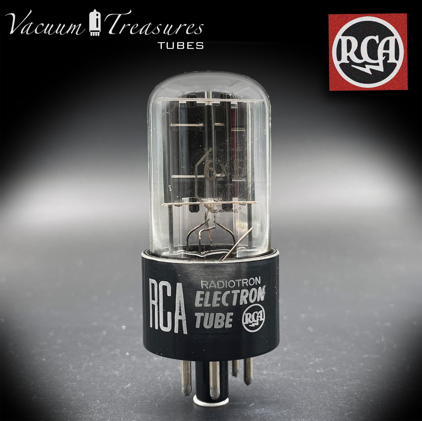 6X5 GT (6Z5P) RCA NOS NIB, schwarze Platten, quadratische Getter-Gleichrichterröhre, hergestellt in den USA