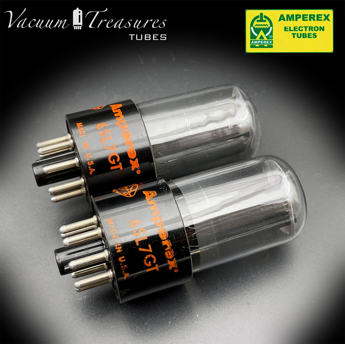 6SL7GT AMPEREX GLOBE AMPLITREX Tested Pair Black Plates Square Getter Tubes USA 60s