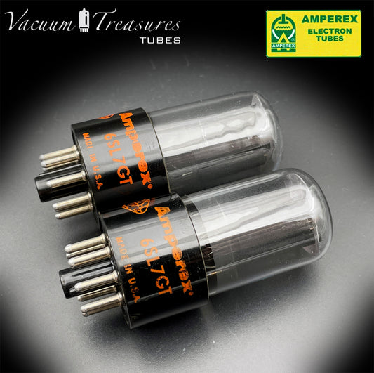 6SL7GT AMPEREX GLOBE AMPLITREX Tested Pair Black Plates Square Getter Tubes USA 60s