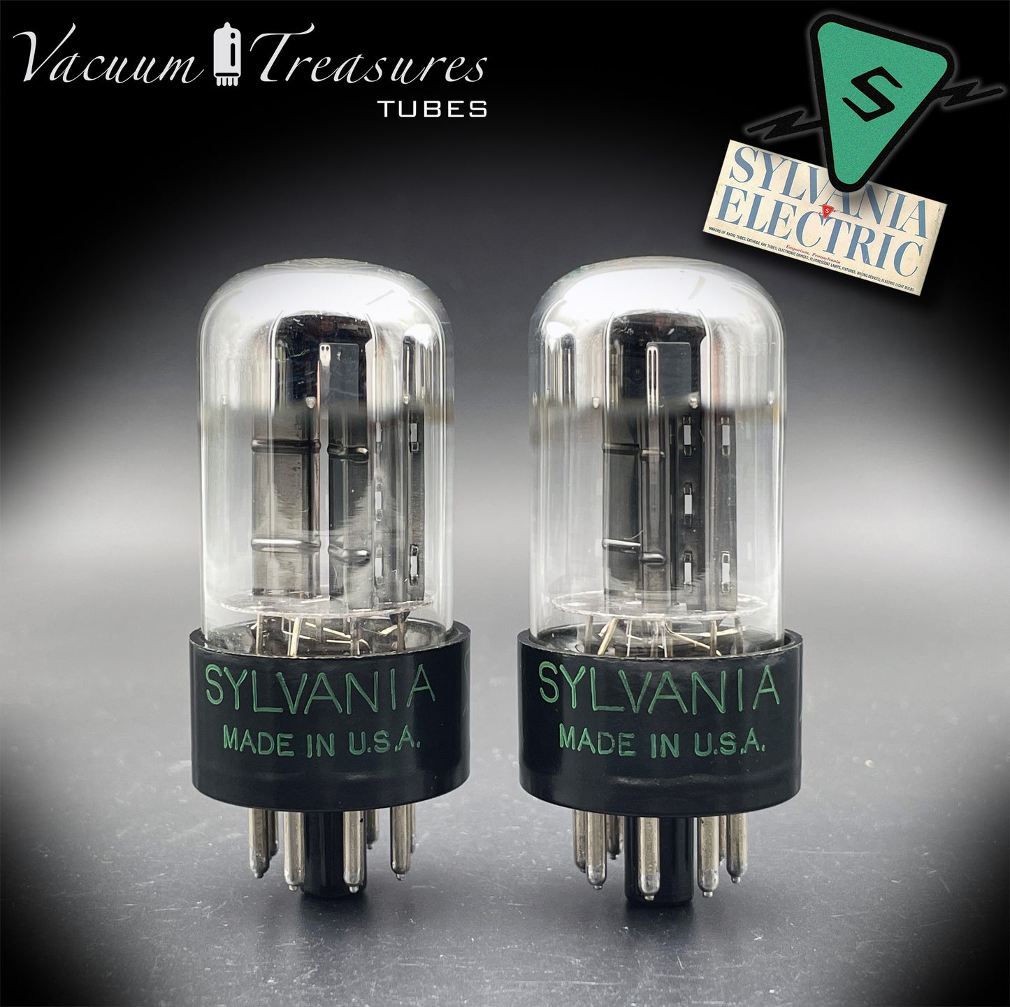 6SN7GTB NOS SYLVANIA CHROME TOP Green Dot Matched Pair Black Plates Tubes USA '50s