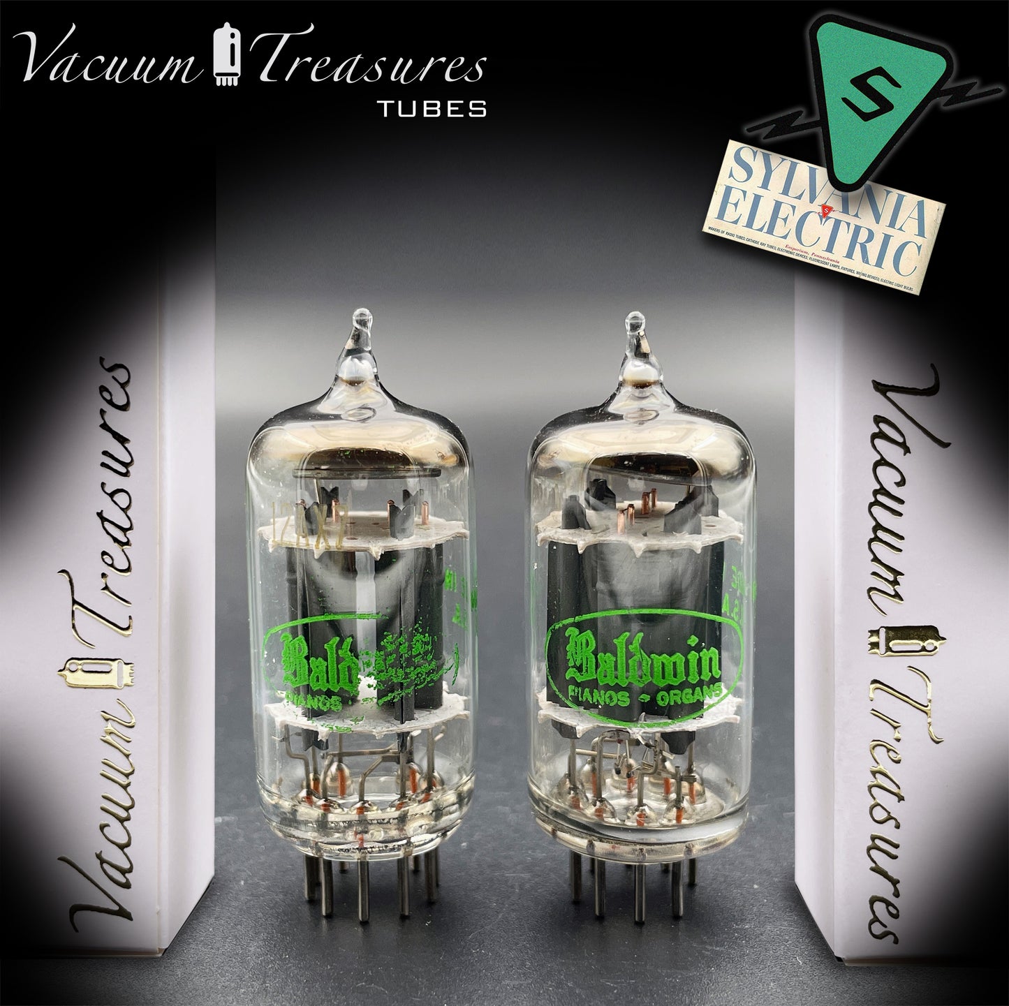 12AX7 ECC83 Baldwin by SYLVANIA – Matched Pair – Long Gray Plates Halo Getter USA 1959