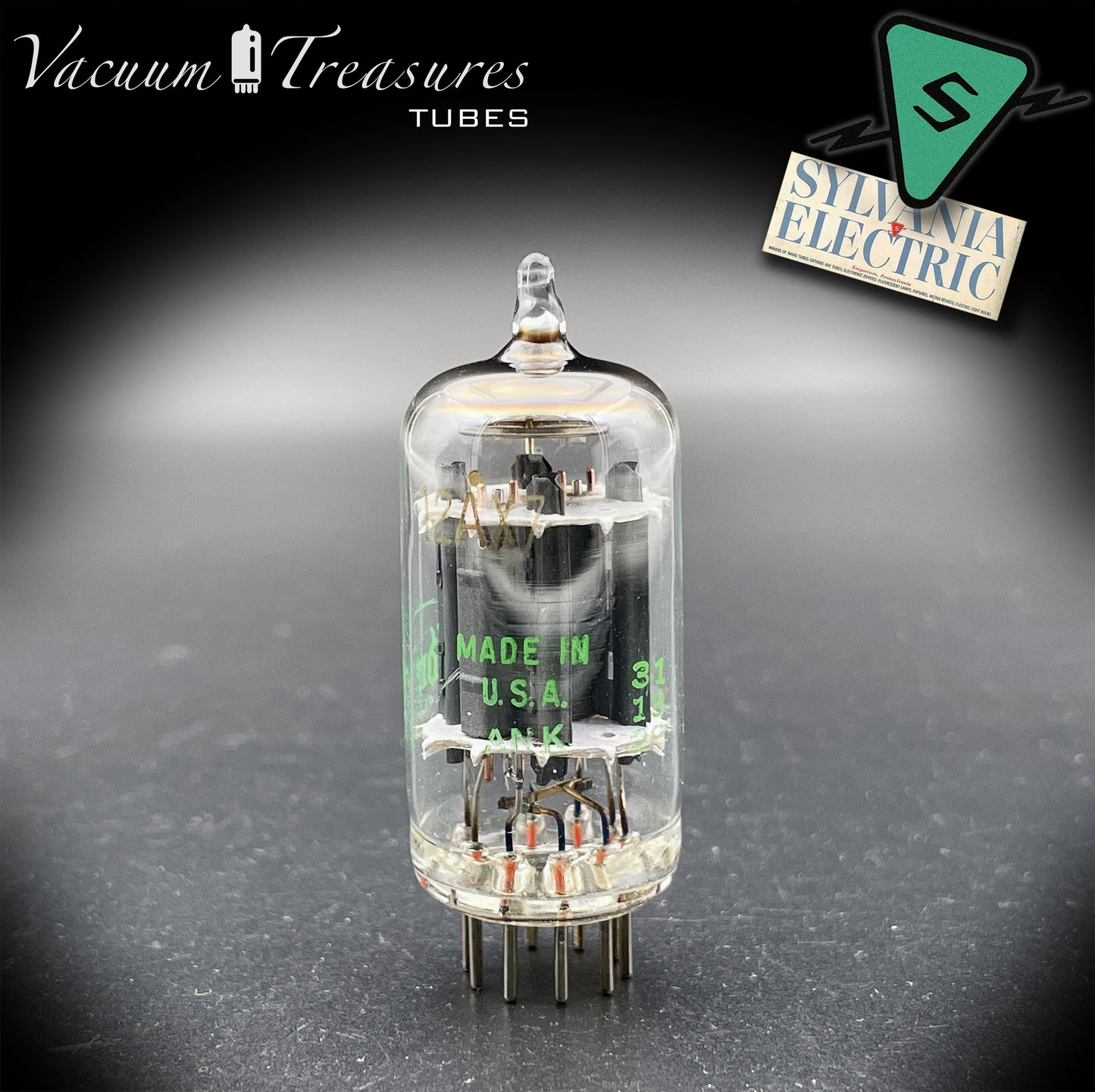 12AX7 ECC83 NOS Baldwin by Sylvania – Long Gray Plates Halo Getter Tested Tube USA 1951