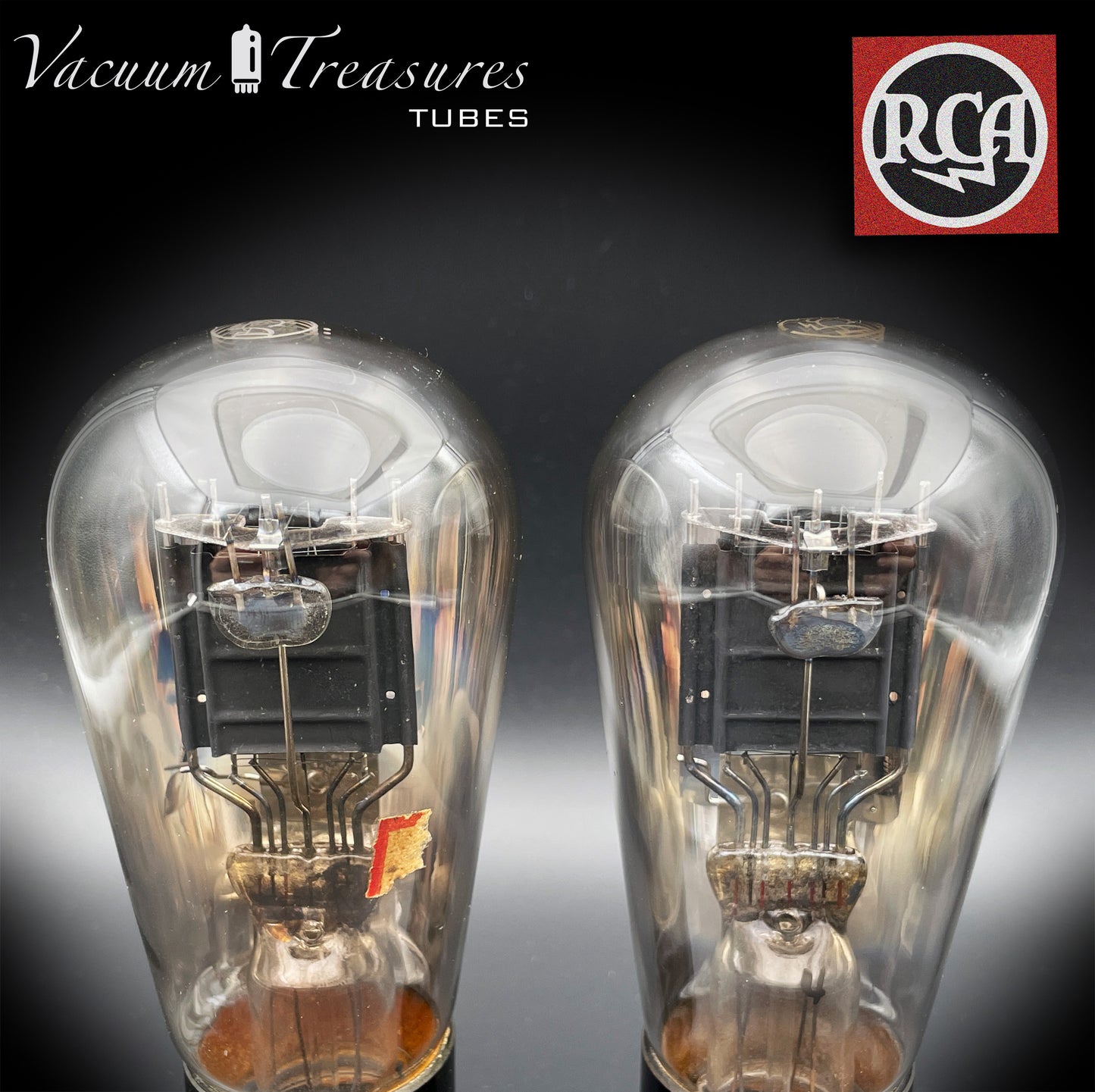 45 RCA Balloon Globe Black Plates Foil Dimpled Getter Matched Pair Radiotron Tubes Made in USA 1930's