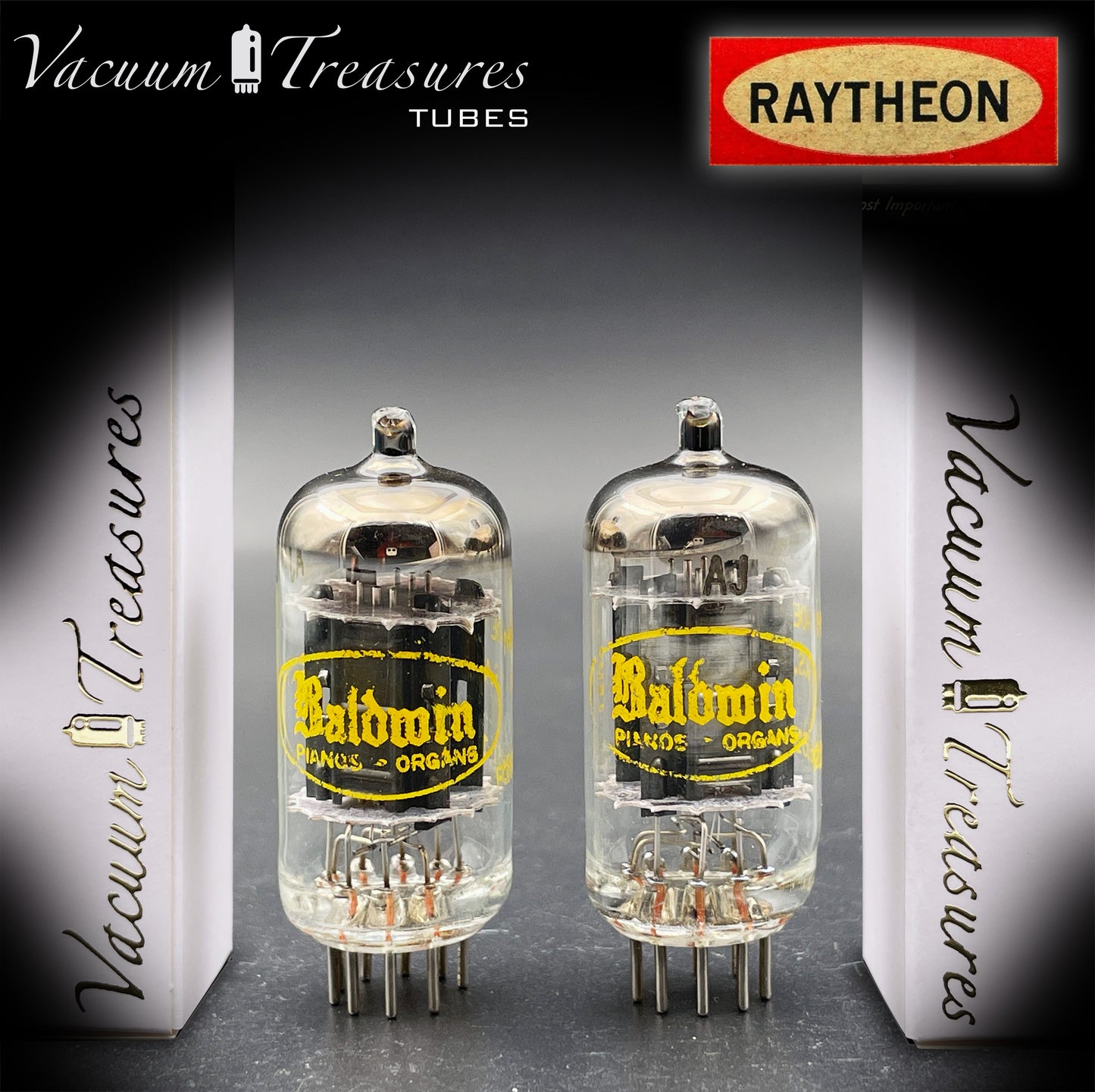 12AU7A / ECC82 NOS Baldwin by RAYTHEON Matched Pair Tubes Long Black Plates Halo Getter Made in USA '61
