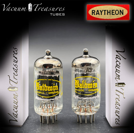 12AU7A / ECC82 NOS Baldwin by RAYTHEON Matched Pair Tubes Long Black Plates Halo Getter Made in USA '61