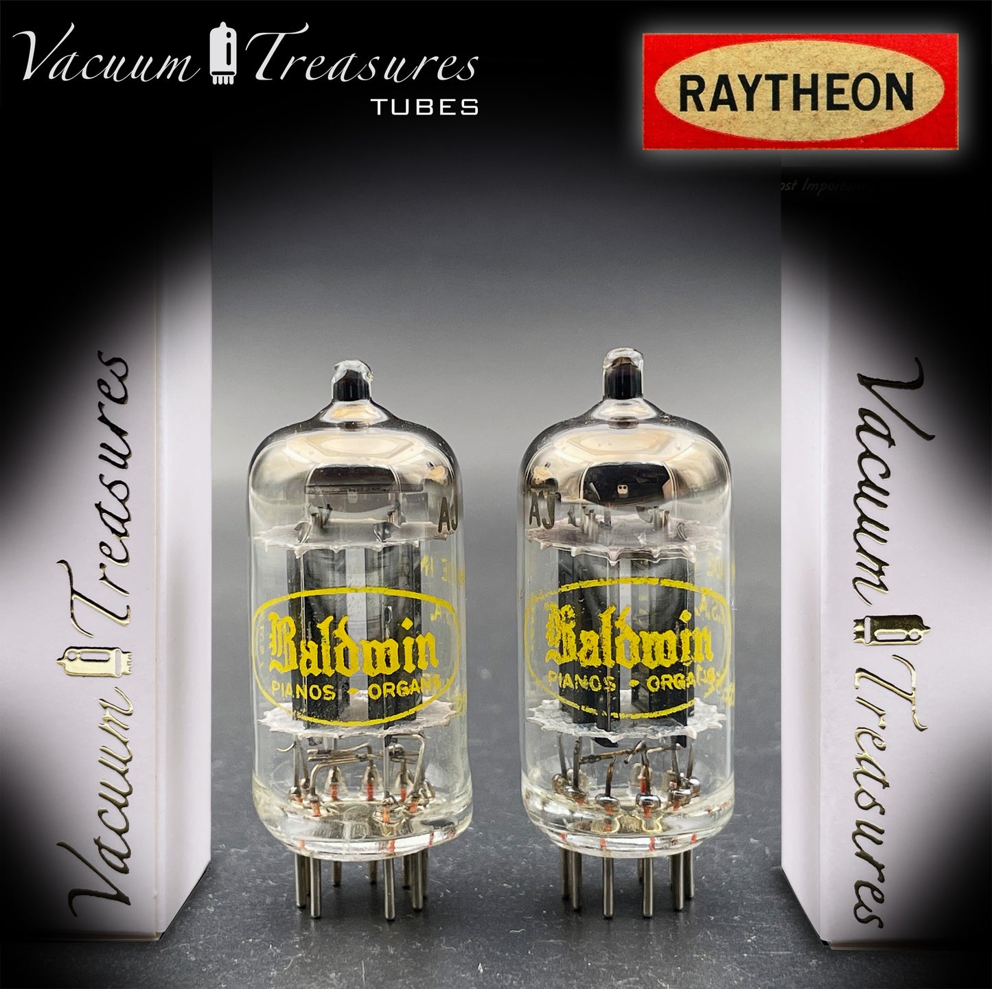 12AU7A / ECC82 NOS Baldwin by RAYTHEON Matched Pair Tubes Long Black Plates Halo Getter Made in USA '61