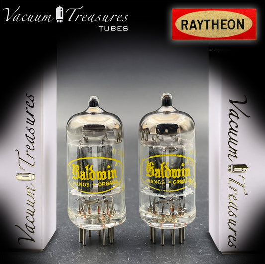 12AU7A / ECC82 NOS Baldwin by RAYTHEON Matched Pair Tubes Long Black Plates Halo Getter Made in USA '61