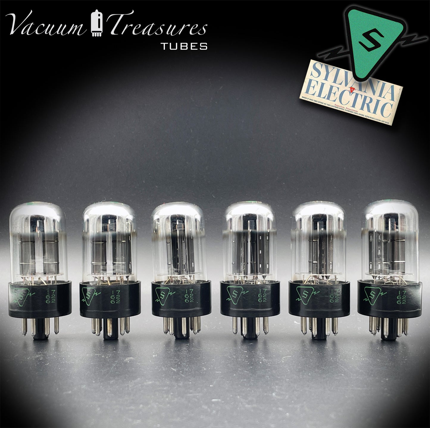 6SN7GTB NOS SYLVANIA CHROME TOP Green Dot Matched Sextet Black Plates Tubes USA