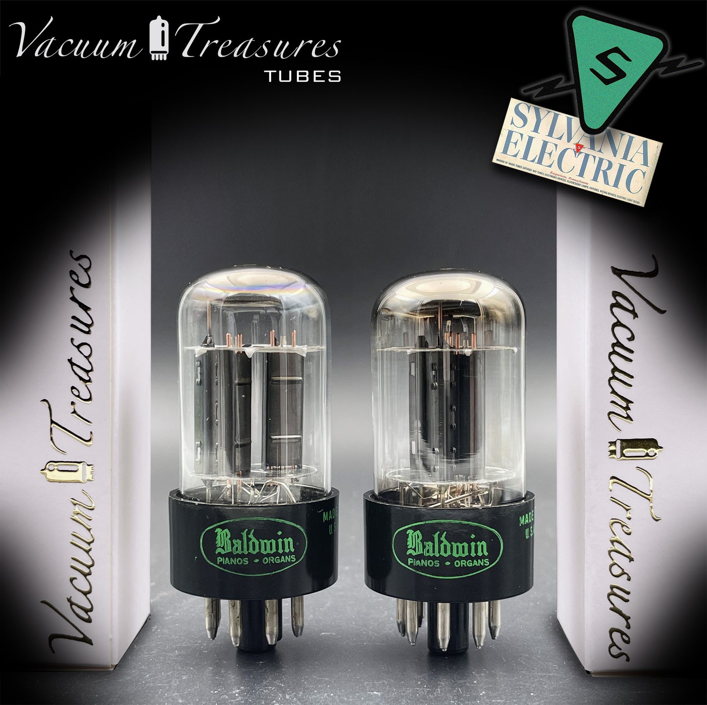 6SN7GTB Baldwin by SYLVANIA Matched Pair Black Plates Tubes - Same Codes - Made in USA '61