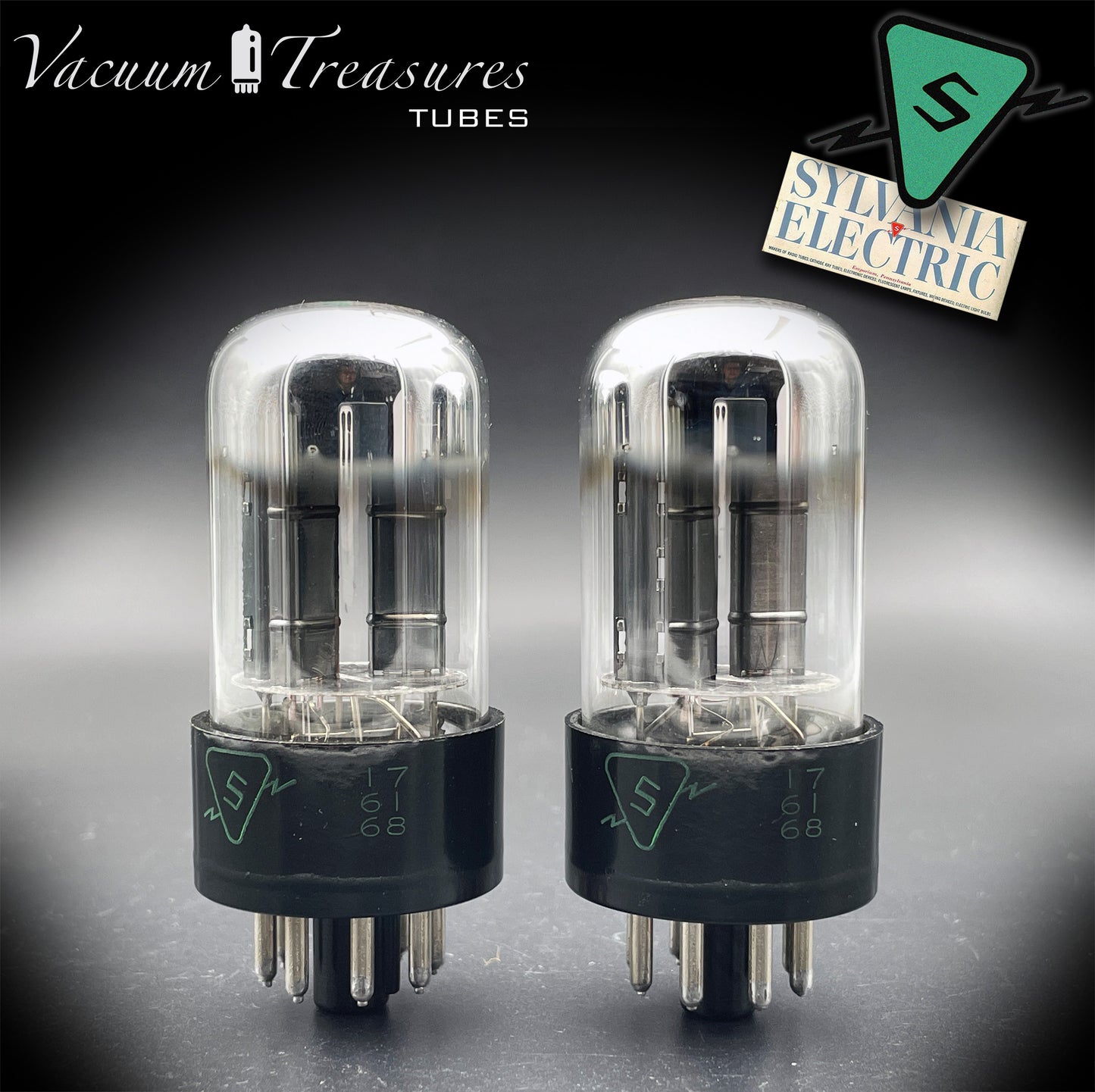6SN7GTB NOS SYLVANIA CHROME TOP Green Dot Matched Pair Black Plates Tubes USA '50s