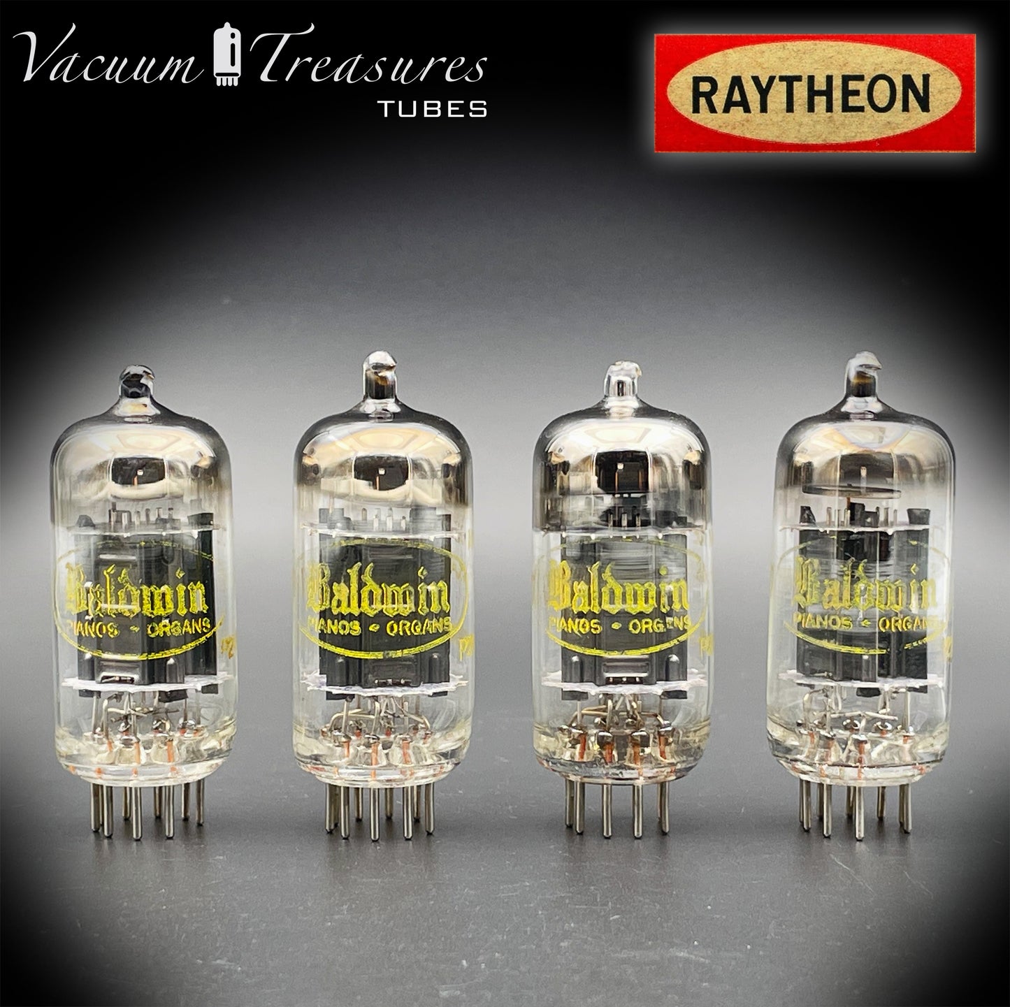 12AU7 ( ECC82 ) NOS RAYTHEON for Baldwin Long Black Plates Halo Getter Matched Tubes Made in USA '59