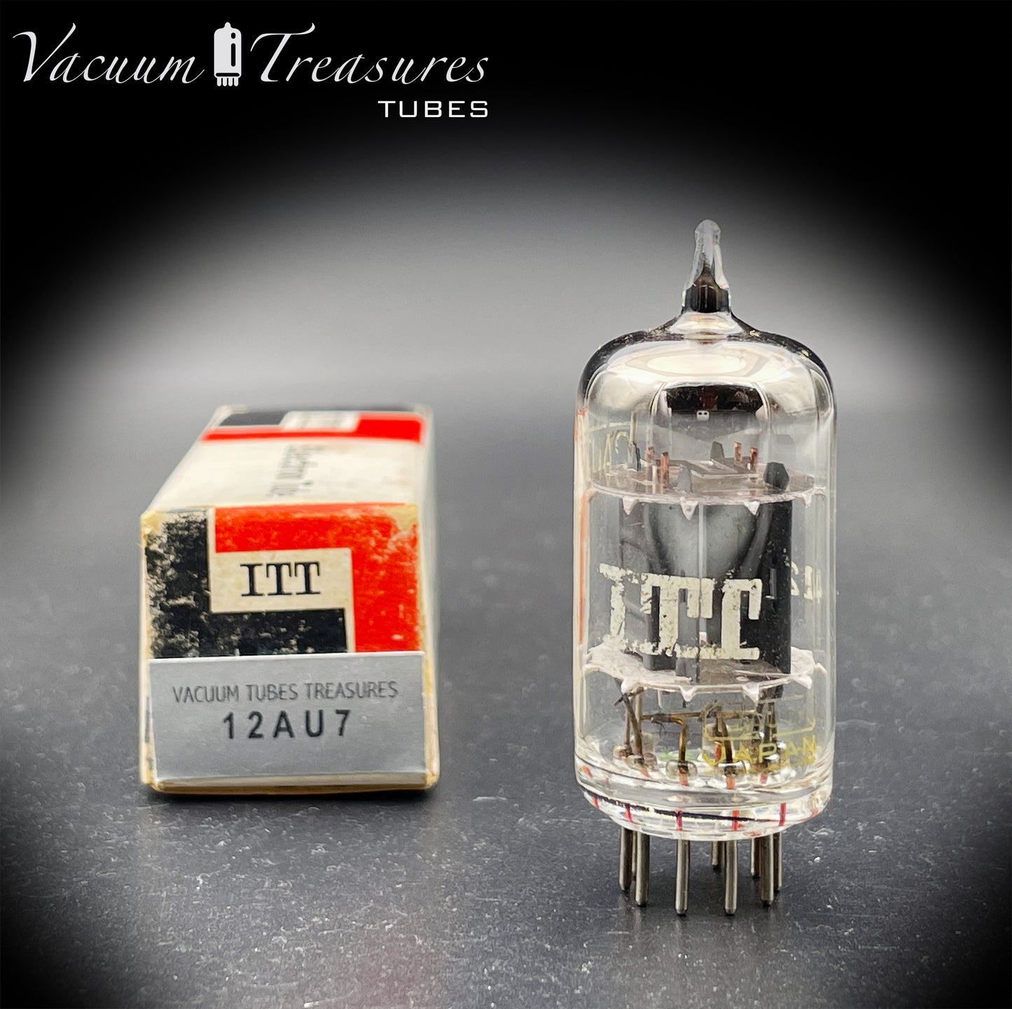 12AU7 / ECC82 NOS ITT Short Gray Plates Halo Getter AMPLITREX Tested – Low Noise & Microphonics Tube