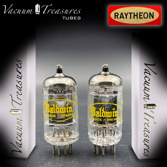 12AU7A / ECC82 NOS Baldwin by RAYTHEON Matched Pair Tubes Long Black Plates Halo Getter Made in USA '61