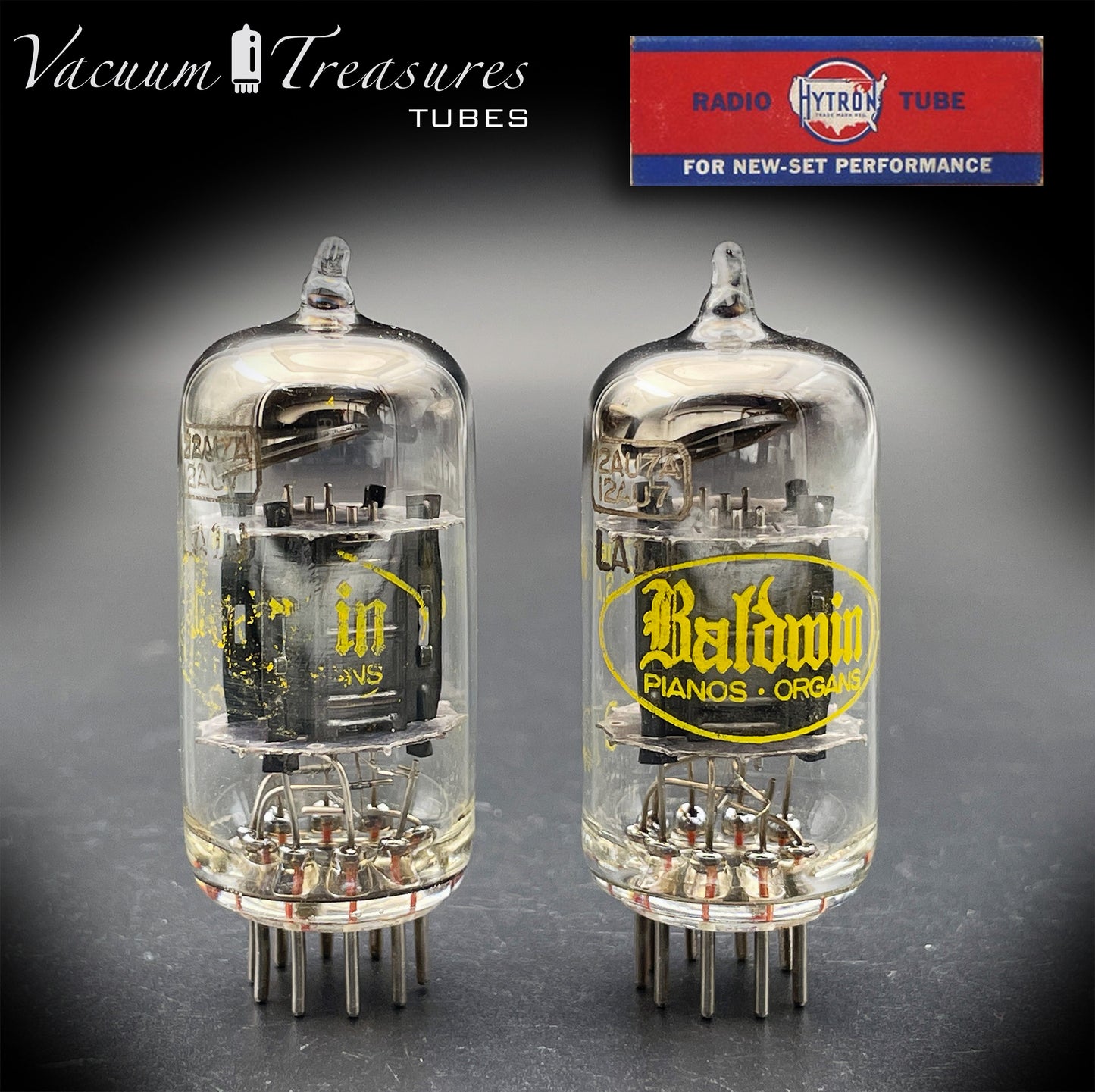 12AU7A ECC82 Baldwin / HYTRON Matched Pair Black Plates Halo Getter Tested Tubes USA