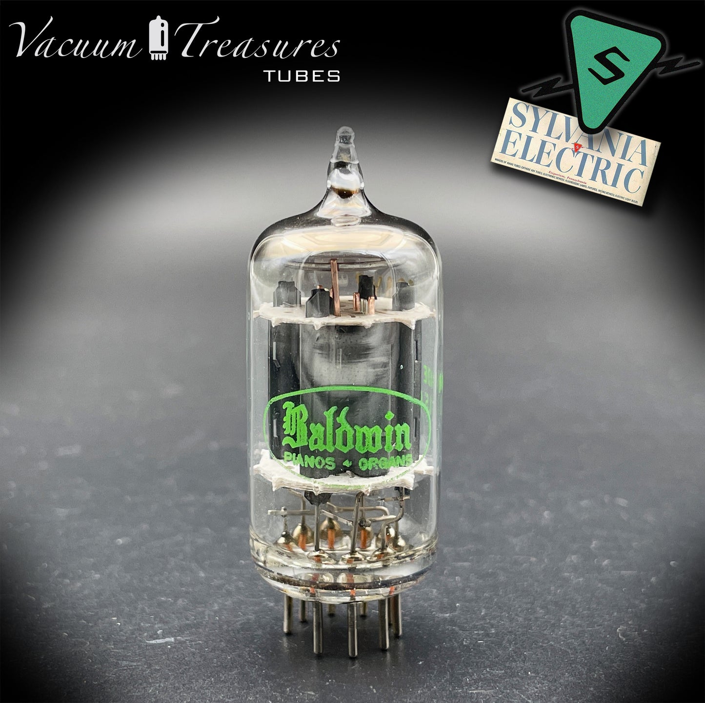 12AX7 / ECC83 Baldwin by SYLVANIA Long Gray Plates Halo Getter Tested Balanced Tube Made in USA '59
