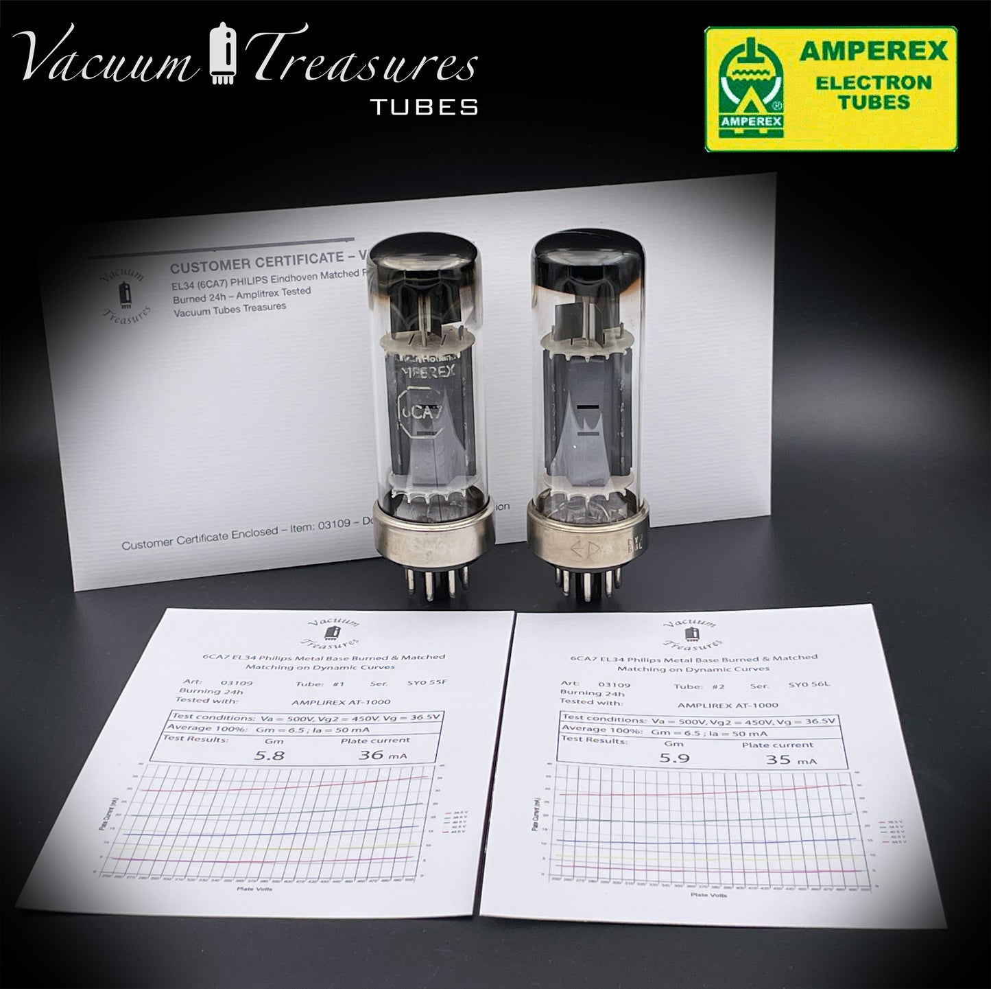 6CA7 EL34 AMPEREX by PHILIPS Eindhoven Metal Base ’55 One-Piece Disc Getter Matched Pair Amplitrex Tested Curves Included