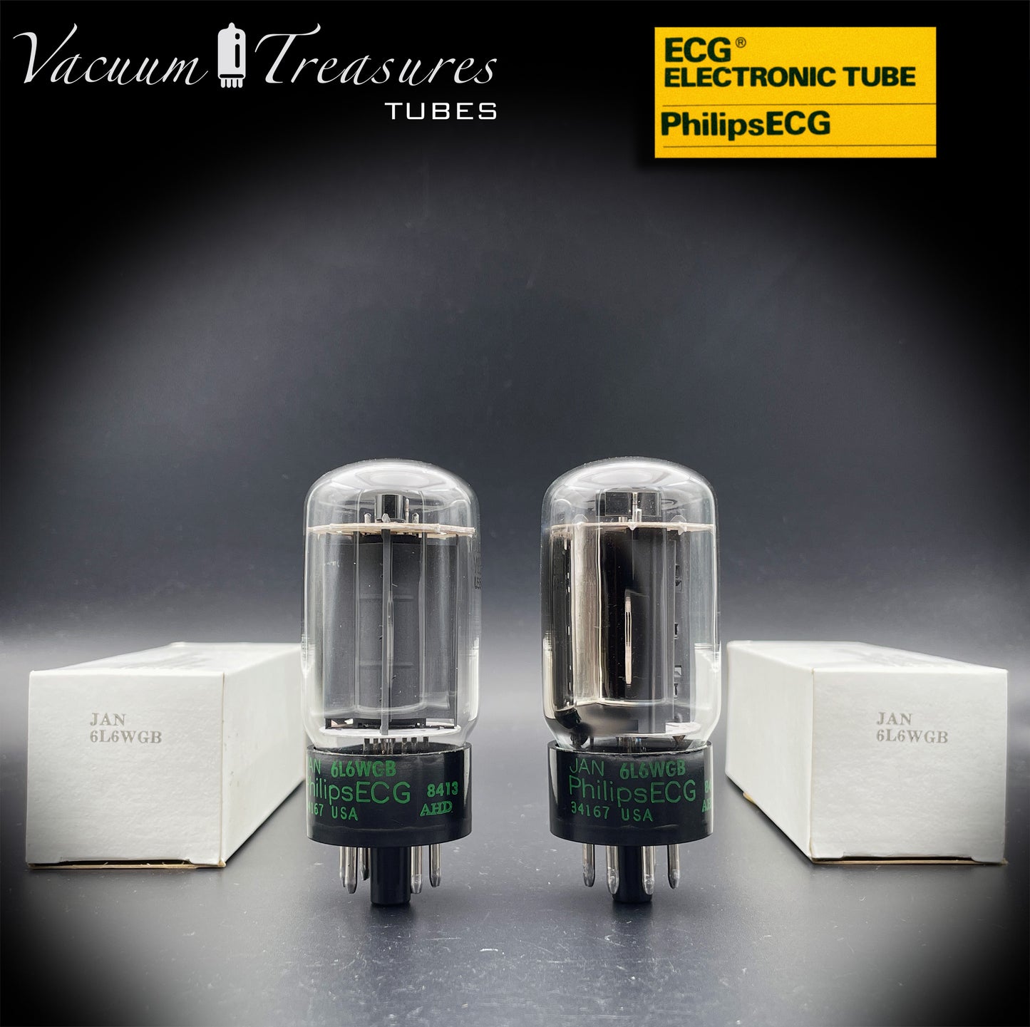 JAN 6L6WGB PHILIPS ECG Matched Pair Gray Plates Side Halo Getter AMPLITREX Tested – Same Date Code – NOS NIB