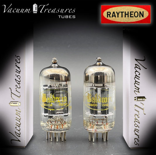 12AU7 ( ECC82 ) NOS RAYTHEON for Baldwin Long Black Plates Halo Getter Matched Tubes Made in USA '59