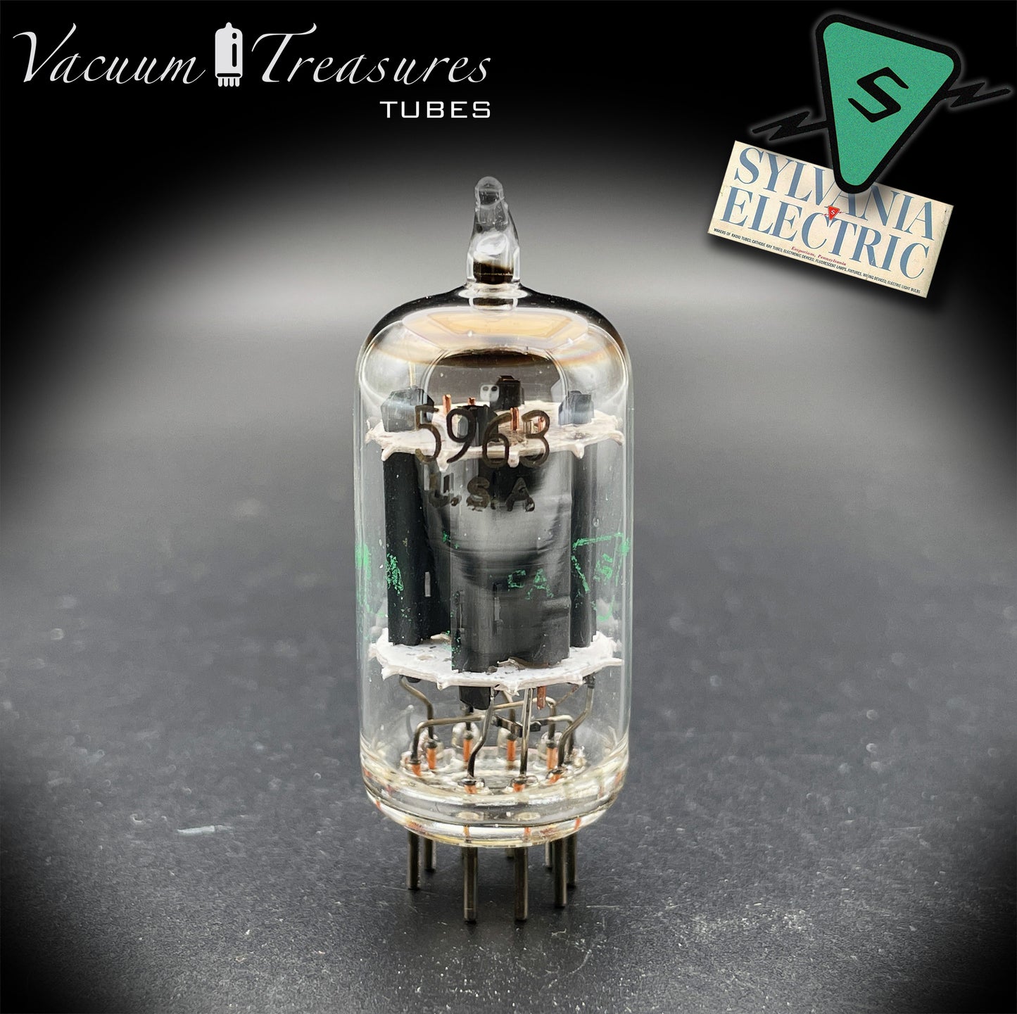 5963 ( 12AU7 ) SYLVANIA Halo Getter Long Plates Tested Tube Made in USA '50s