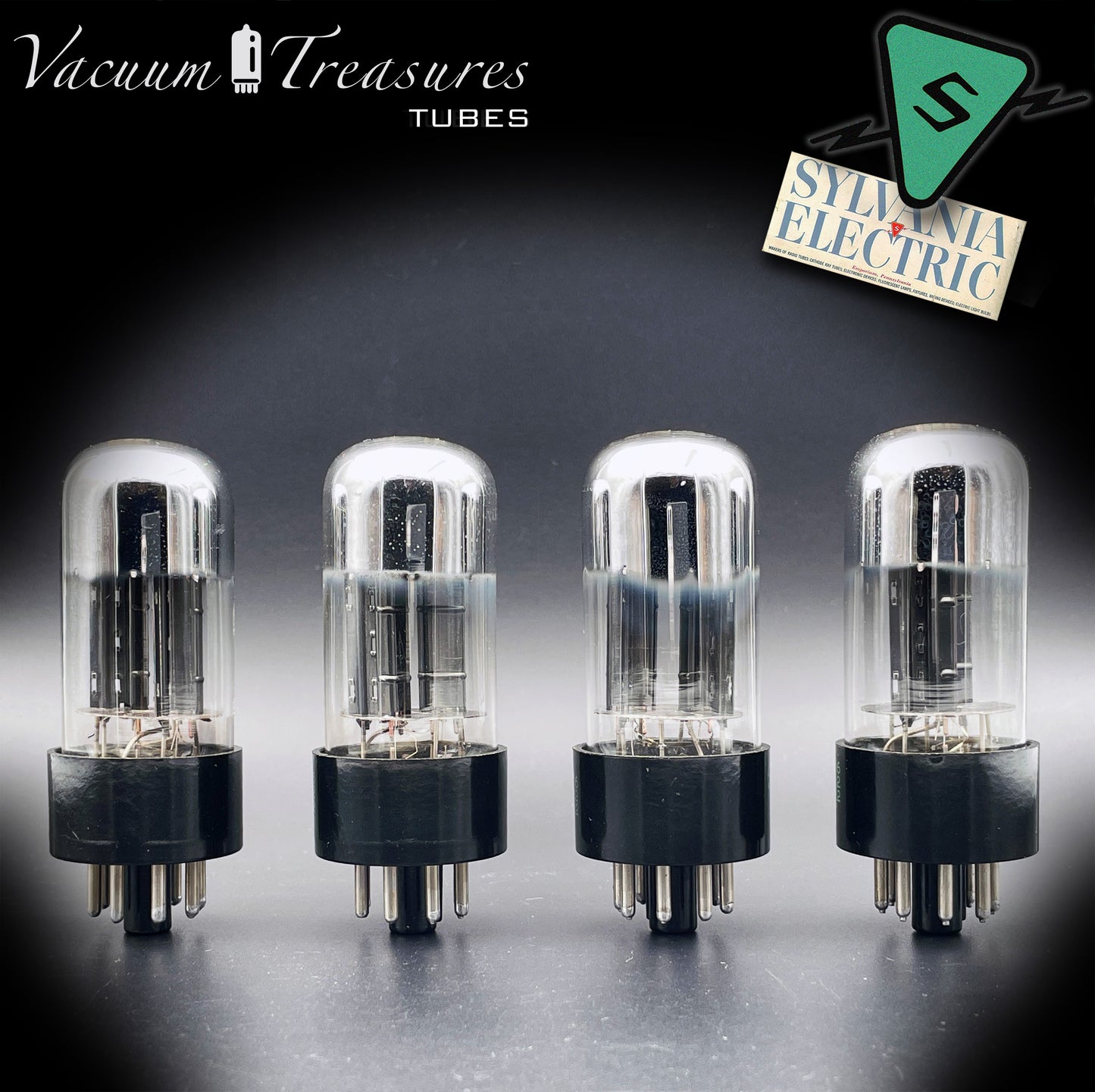 6SN7 GTA NOS Sylvania – Black Plates Tall Glass Matched Quad Tubes USA '56