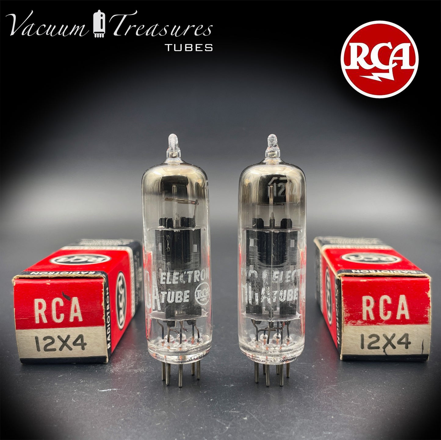 12X4 RCA NOS NIB Matched Pair Black Plates Foil Getter Tubes Rectifiers Made in USA '58