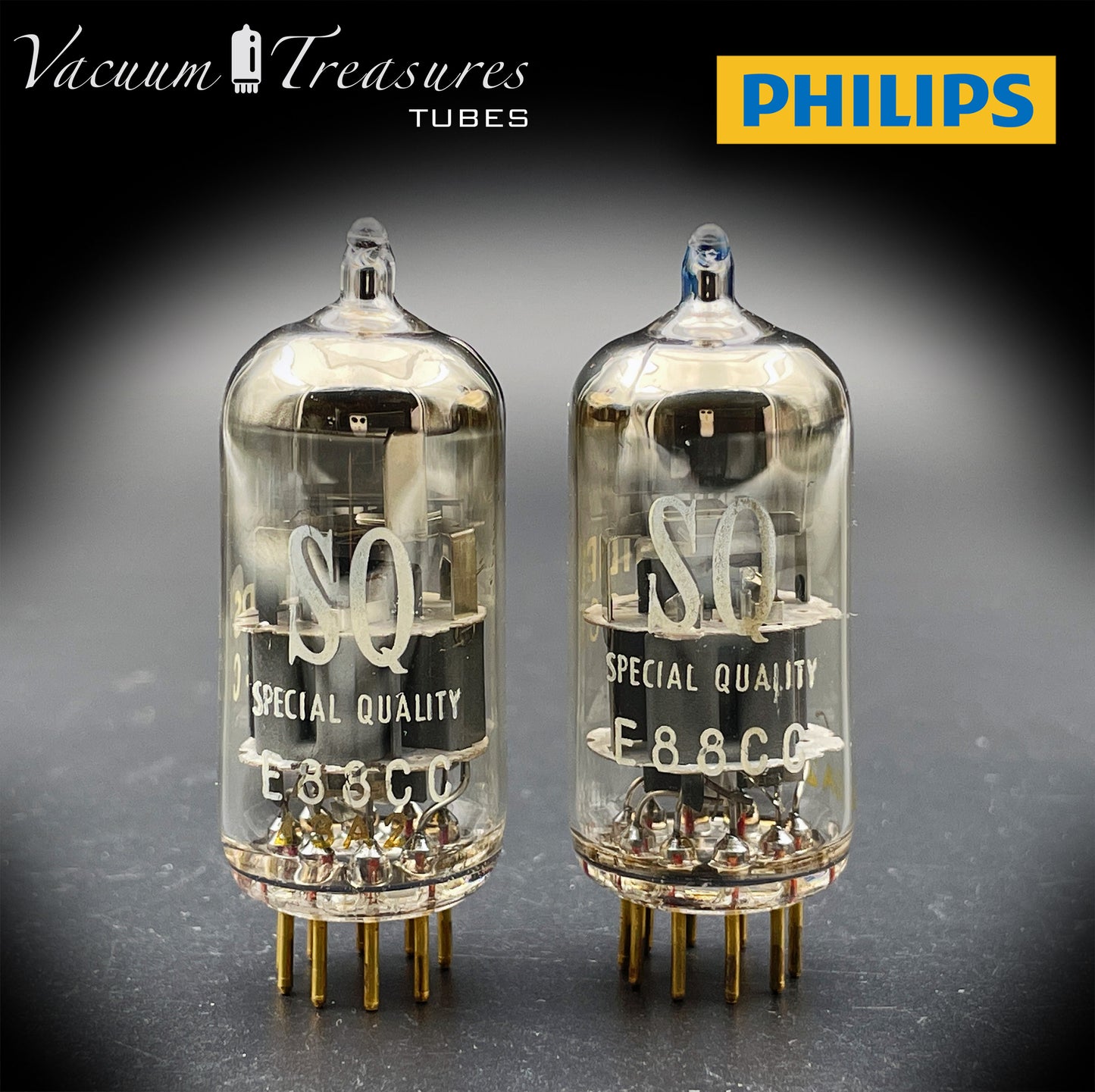E88CC ( 6922 ) PHILIPS Special Quality Matched Pair Halo Getter Gold Pin Tubes Made in Holland '63