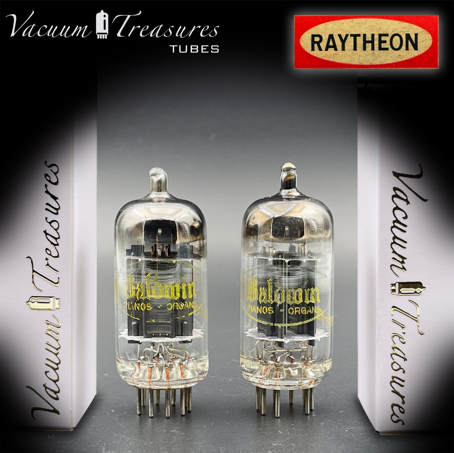 12AU7 ( ECC82 ) NOS RAYTHEON for Baldwin Long Black Plates Halo Getter Matched Tubes Made in USA '59