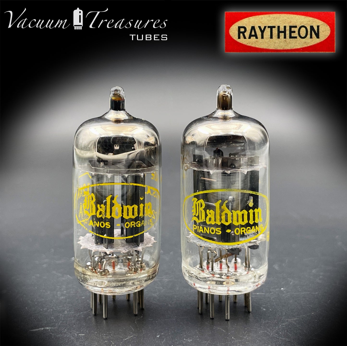 12AX7A ECC83 Baldwin RAYTHEON Matched Pair Tubes – Long Black Plates Halo Getter USA 1960s