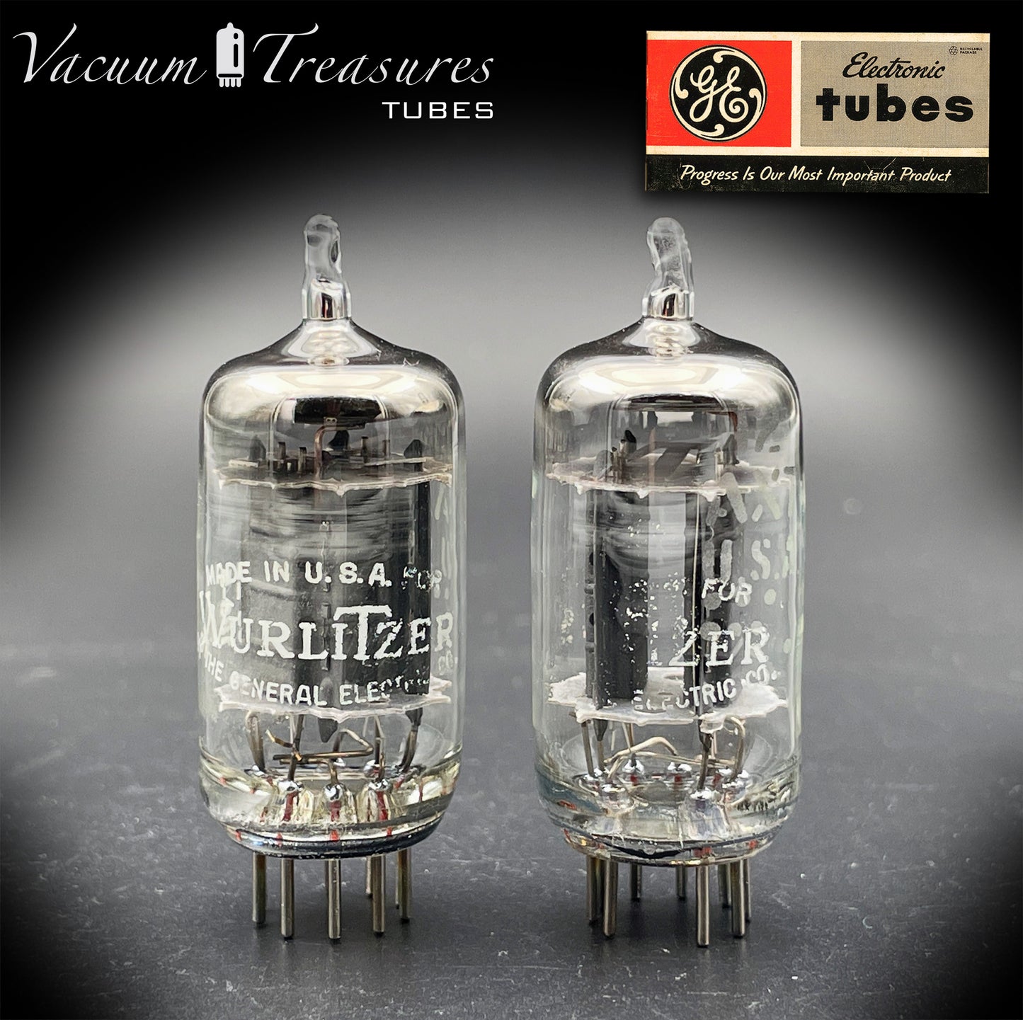 12AX7 / ECC83 Wurlitzer by GE Matched Pair Long Gray Plates Halo Getter Made in USA '63