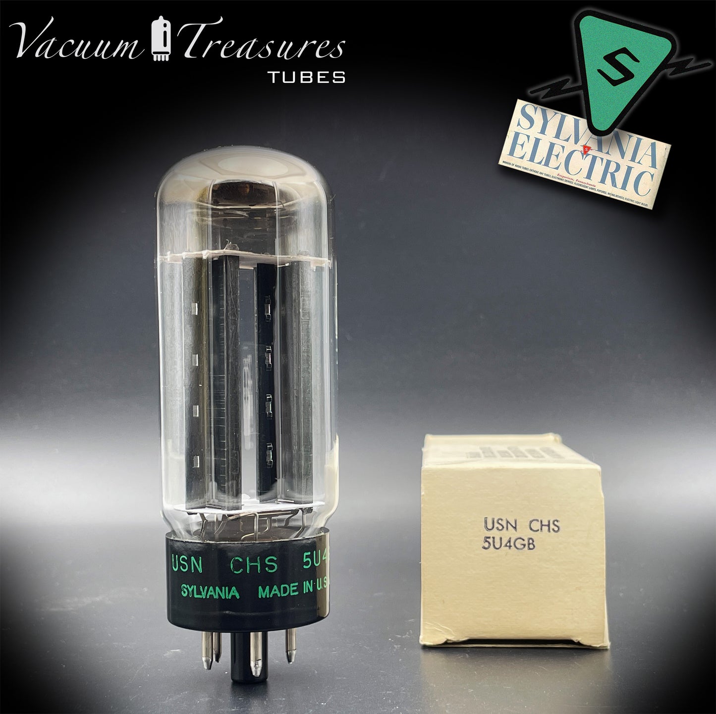 USN CHS 5U4GB SYLVANIA NOS NIB Black Plates Halo Getter Tested Tube Rectifier Made in USA