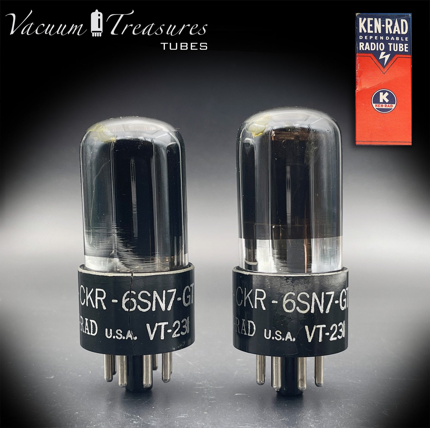 6SN7GT VT-231 KEN-RAD Black Plates Black Glass Foil Getter – Matched Pair – Made in USA anni ’40